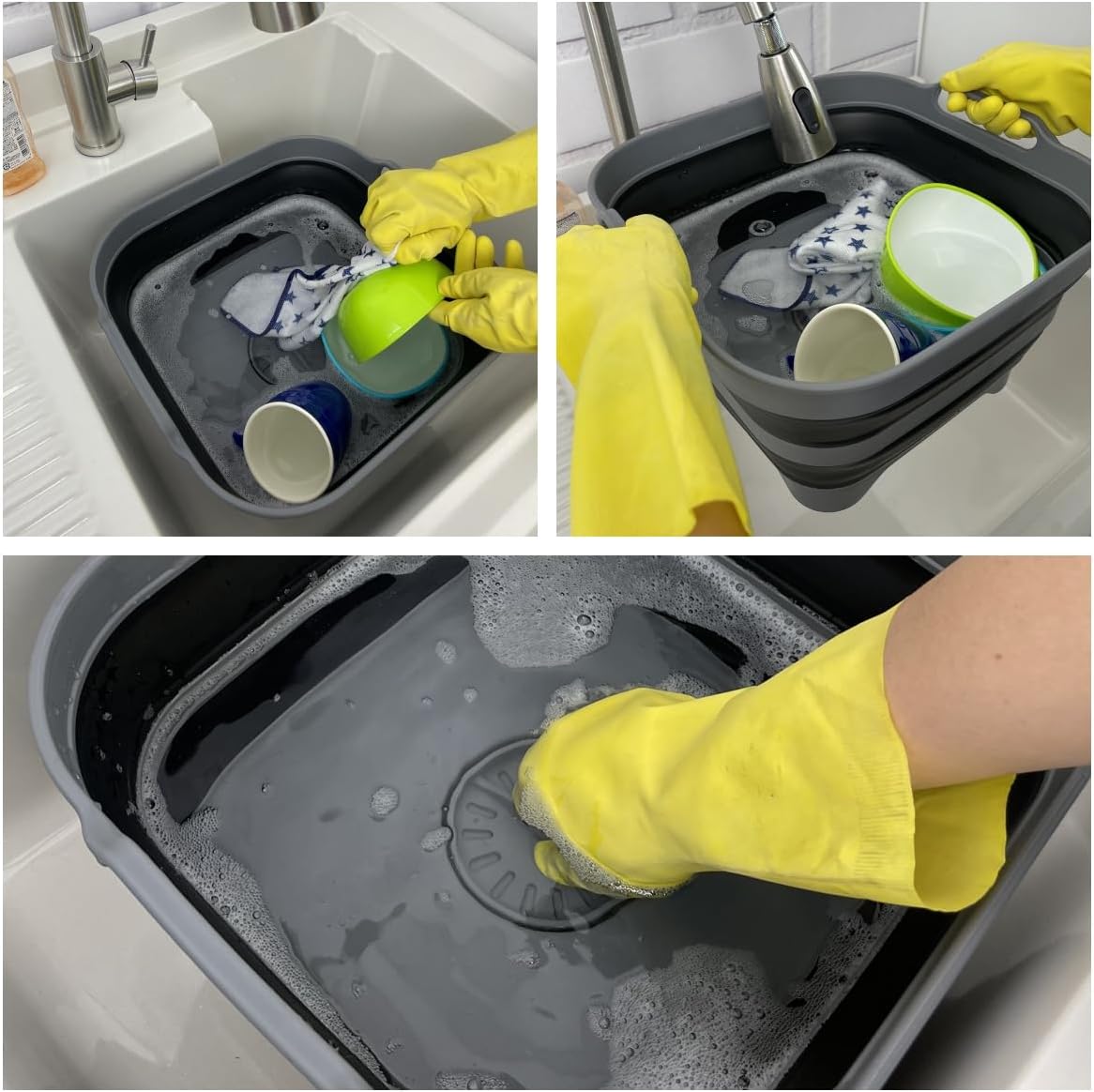 SAMMART 10L (2.64 Gallon) Collapsible Dishpan with Draining Plug-Foldable Washing Basin-Portable Dish Washing Tub-Space Saving Kitchen Storage Tray for Camping & RV (2, Steel Grey+Black)