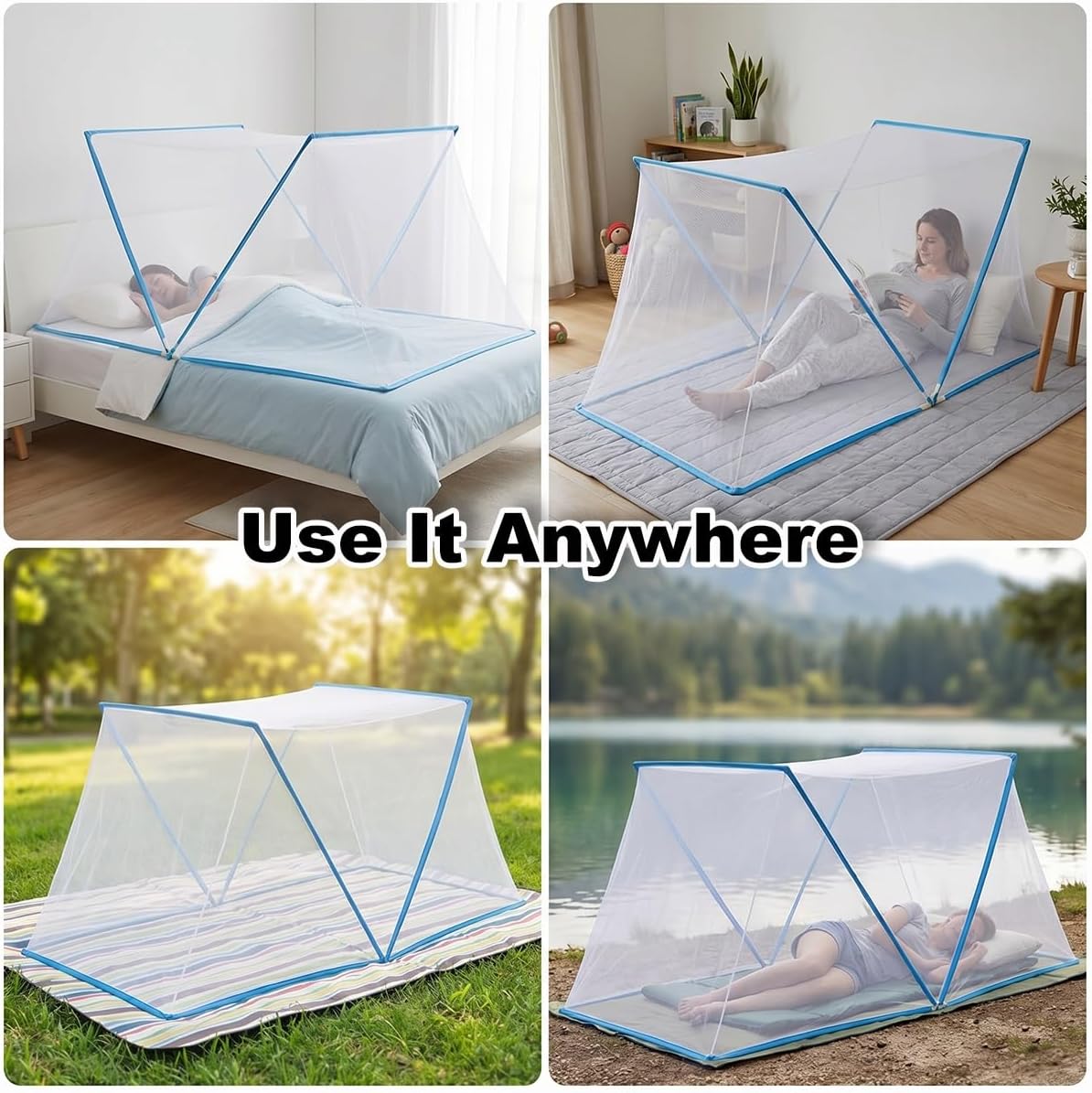 Pop Up Mosquito Net for Bed and Floor Mattress, Foldable Fine Mesh Bed Tent for Indoor Outdoor Sleeping, Lightweight Bug Net Canopy for Kids Nap Mat, Single Mattress, Camping Rest(Blue,79x63ft)
