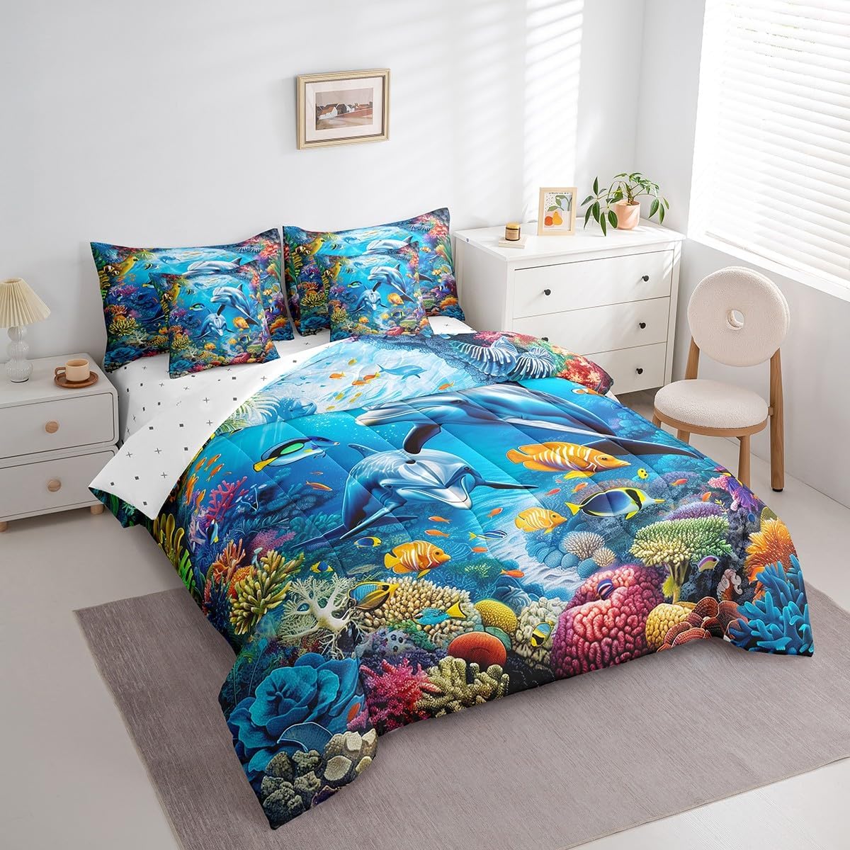 7 Pieces King Size Cute Dolphin Comforter Set,Tropical Fish Coral Seaweed Bedding Set for Boys Girls,Underwater World Marine Life (Comforter+Fitted+Flat Sheet+2 Pillowcases+2 Throw Pillow Covers)