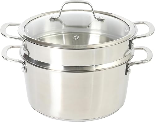Sur La Table Kitchen Essentials Chef's Deck - Horno holandés de acero inoxidable de 5.3 cuartos de galón con inserto de vapor y tapa de vidrio,