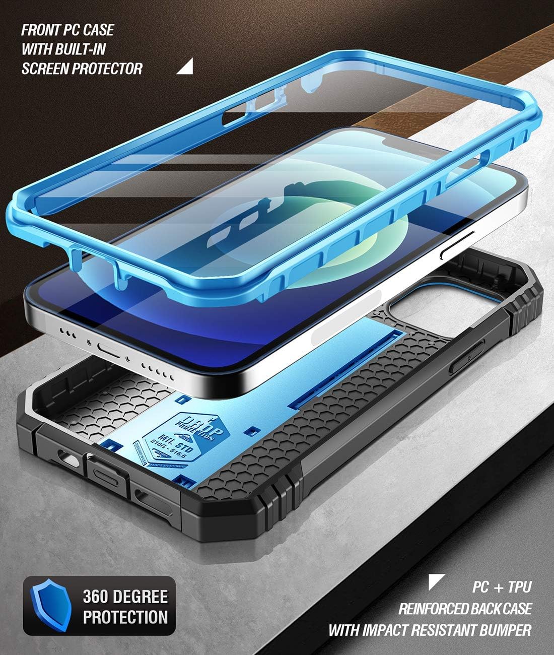 Poetic Revolution for iPhone 12 / iPhone 12 Pro Case 6.1 inch (2020 Release), Full-Body Rugged Dual-Layer Shockproof Protective Cover with Kickstand and Built-in-Screen Protector, Blue