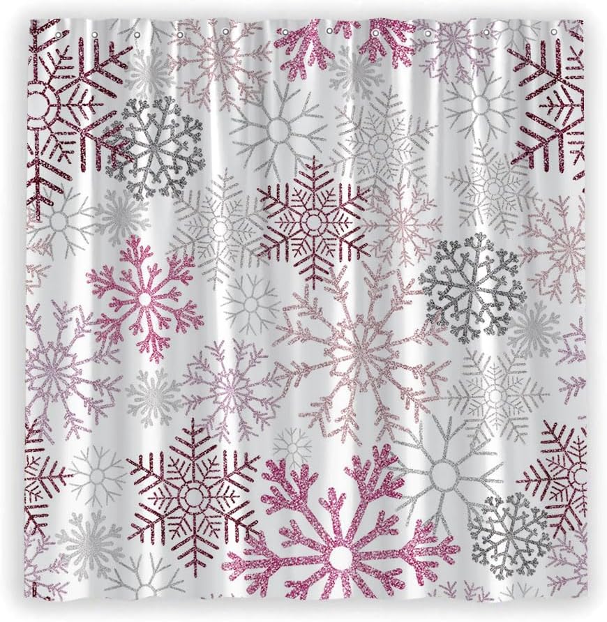 Christmas Shower Curtain Winter Snowflakes Wonderland Pink and Silver Snowflake on White Cute Snowfall Happy New Year Xmas Holiday Modern Polyester Fabric Bathroom Curtain with Hook