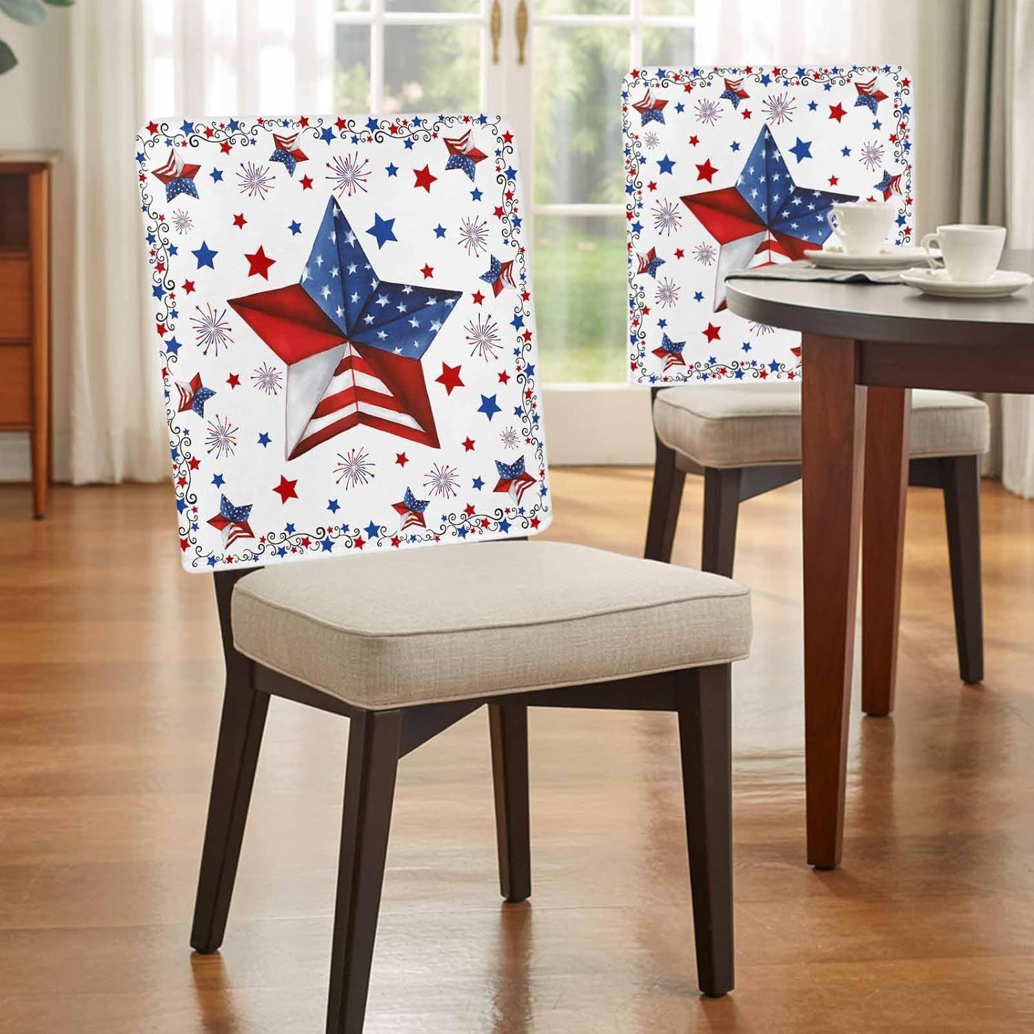 July of 4th Chair Back Covers Set of 6, Dining Back Chair Cover Removable Washable Back Slipcovers, Independence Day Stars Red Blue Kitchen Chair Protector for Wedding Party Housewarming
