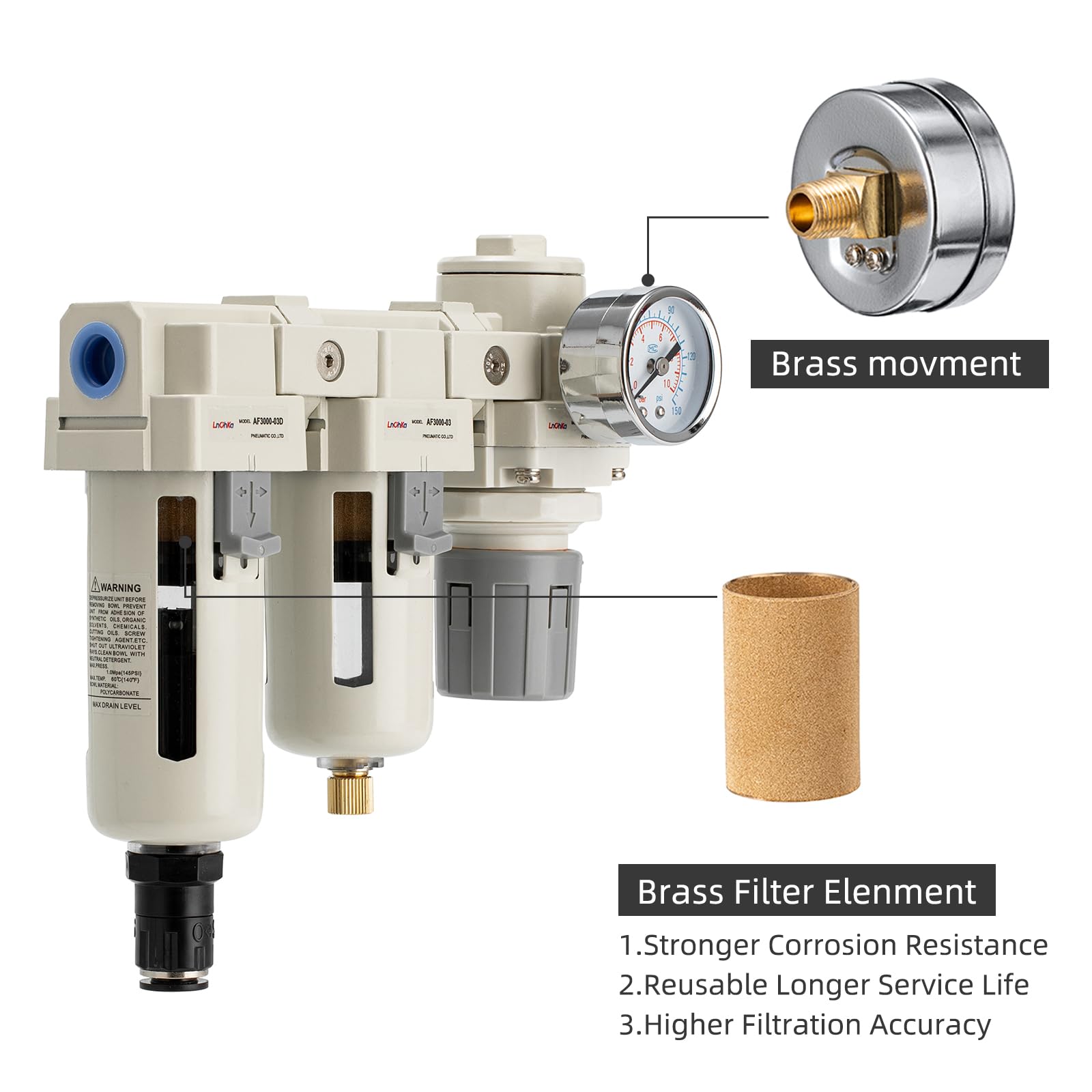 Secador de filtro de aire 3/8 NPT de drenaje automático + filtros de aire dobles, regulador de presión de aire, separador de agua del compresor de aire (0-150 PSI)