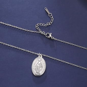 kkjoy Miraculous Medal Madonna Pendant Necklace Stainless Steel Oval Shape Virgin Mary Pendant Necklace Religious Jewelry Holy Communion Christening Gift