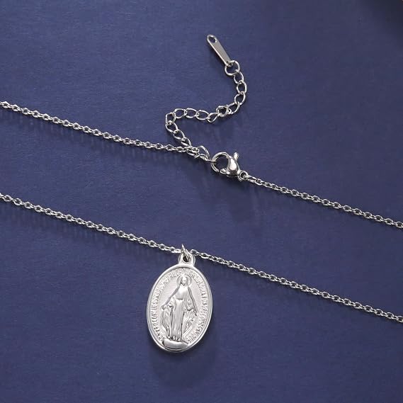 kkjoy Miraculous Medal Madonna Pendant Necklace Stainless Steel Oval Shape Virgin Mary Pendant Necklace Religious Jewelry Holy Communion Christening Gift
