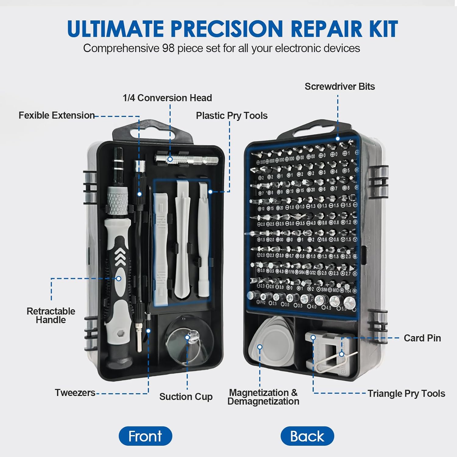 115 In1 Precision Screwdriver Set, Professional Magnetic Repair Tool Kit for Electronics, Watch, Mobile Phone, Laptop, Game Console, Camera, Eyeglasses, Modding, and DIY Projects
