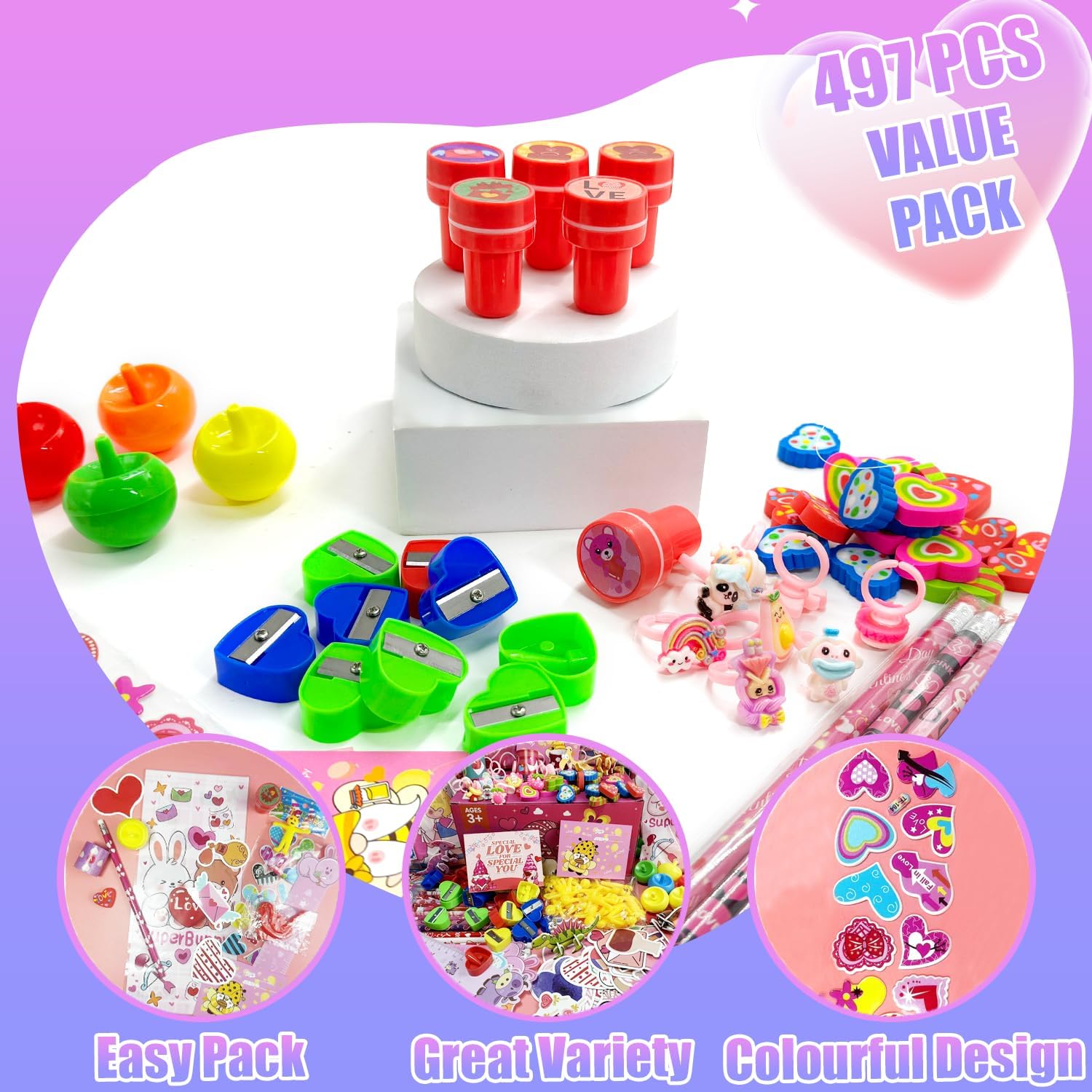 497PCS Valentines Day Gifts for Kids, 36 Pack Valentines Day Party Favor with Cards Pencils Stickers Erasers Stampers Classroom Prize School Exchange Boys Girls Party Favors