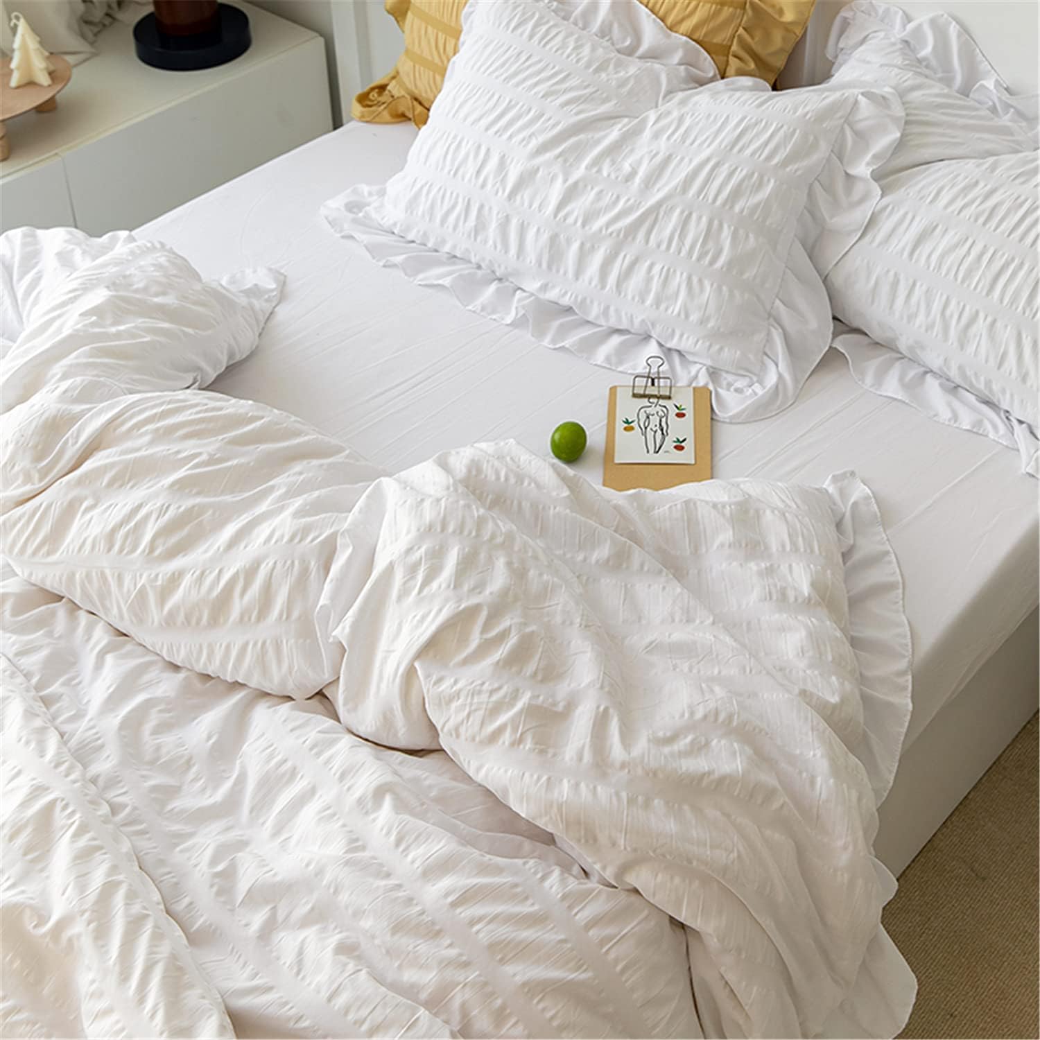White Ruffled Bedding-3 Pieces Queen Seersucker Duvet Cover Textured Stripe Style, Soft Lightweight, Washed Microfiber, Zipper Closure and Ties