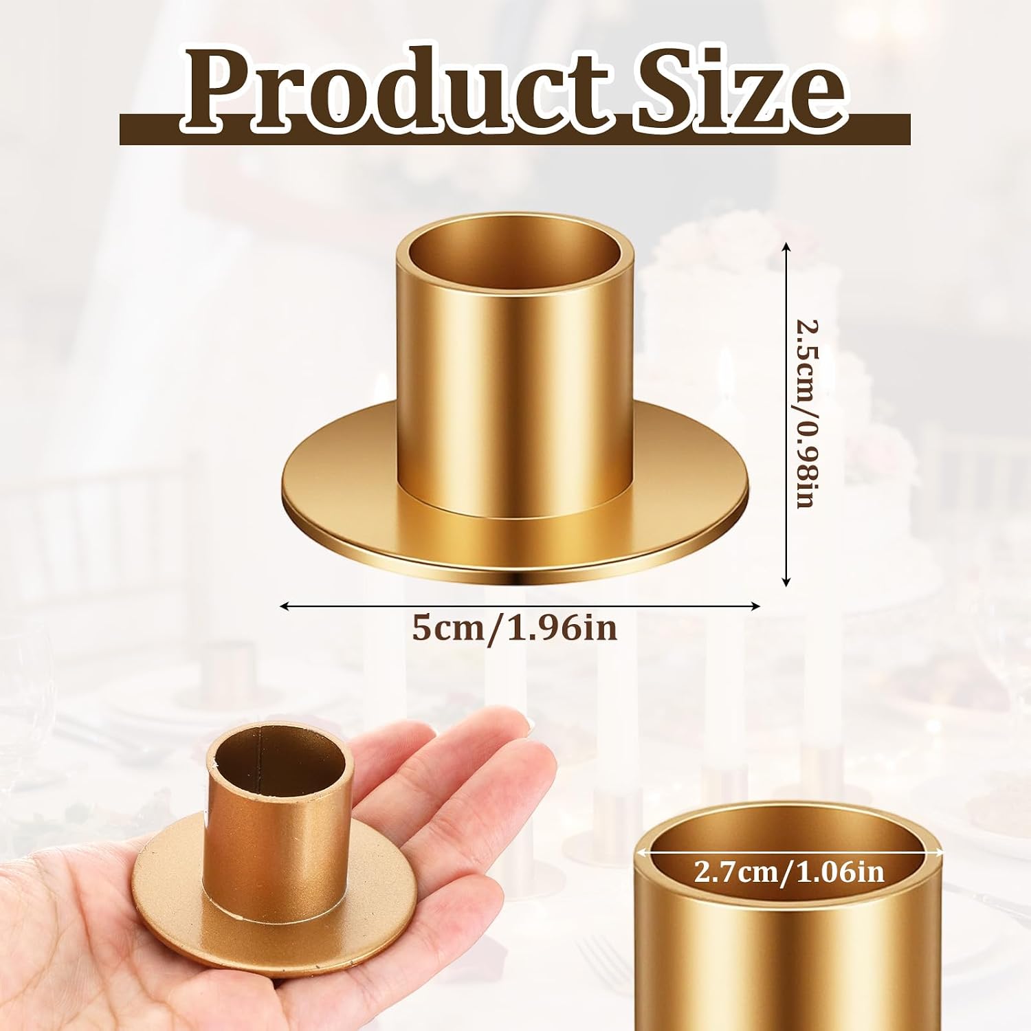 24 PCS Gold Taper Candle Holders, Short Skinny Vintage Candlestick Holders for 0.87 inch Pillar Candles Metal Candle Holder for Table and Fireplace Decorations, Weddings and Holiday Centerpieces