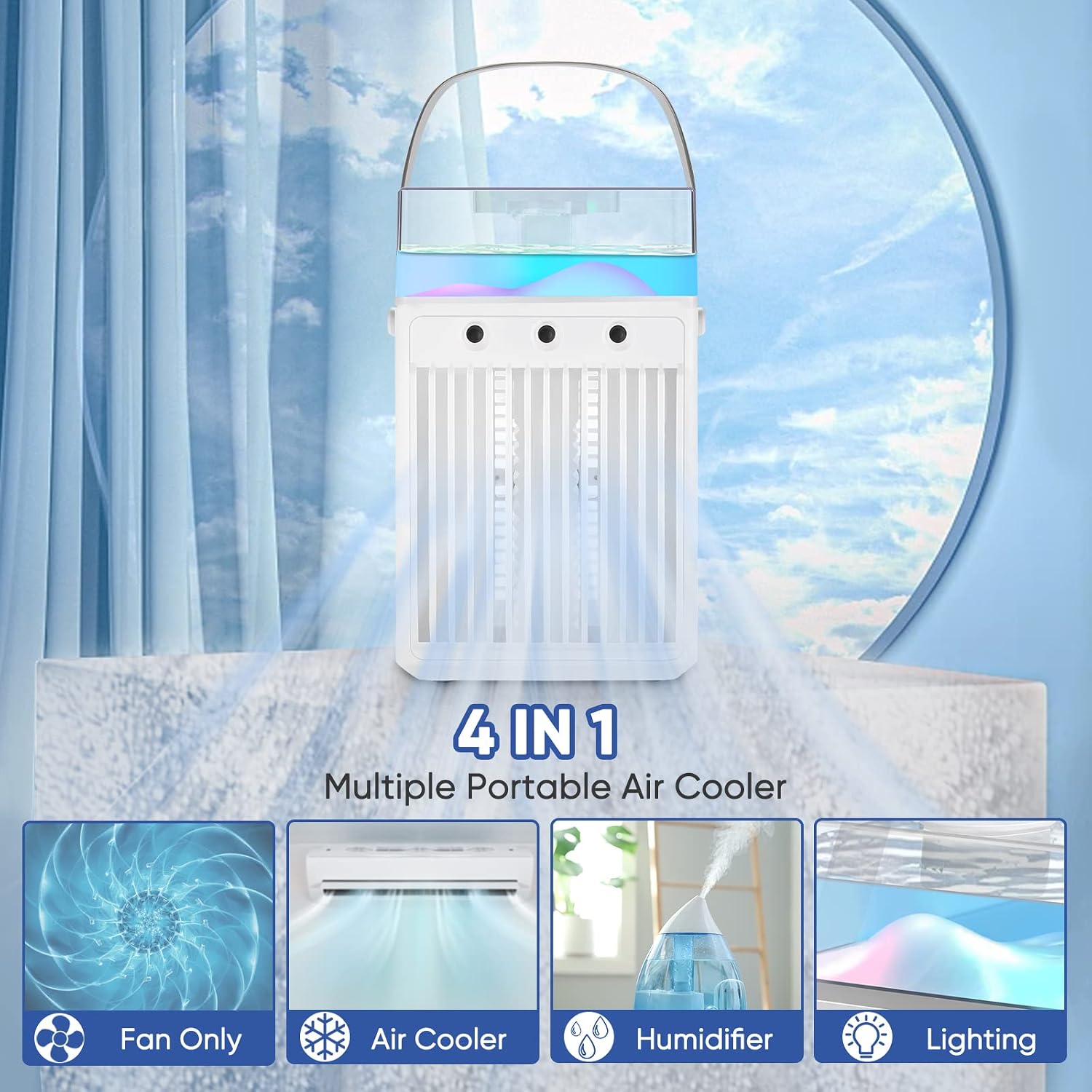 Mini Air Conditioner, 4 IN 1 Portable Air Cooler, 3 Speeds Evaporative Air Cooler, Desk Air Conditioner for Room Car Office Camping with 2000mAh Battery Powered & Type-C Rechargeable