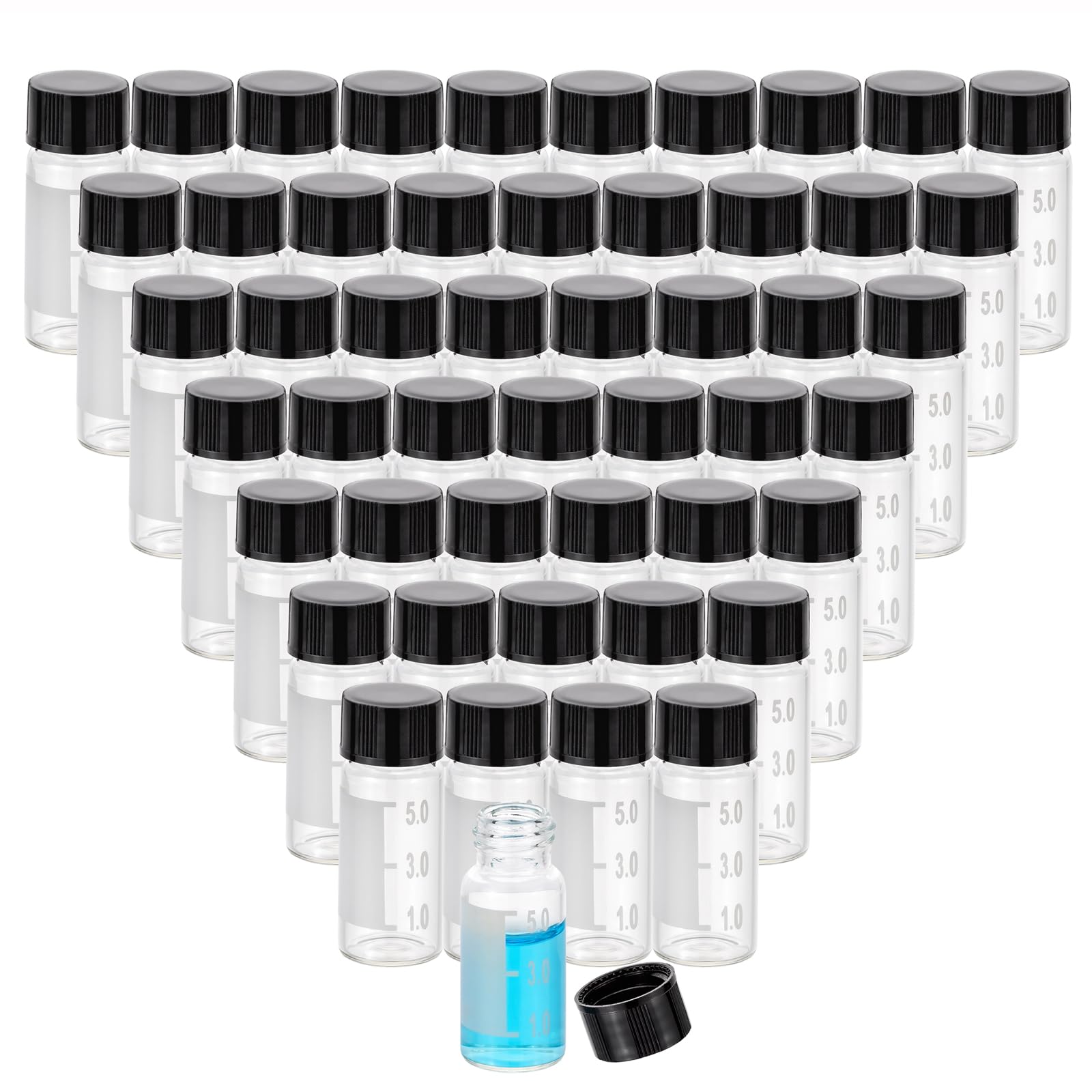Kesell 50-Pack 5ml (0.17oz, 1.35dram) Glass Vials with Screw Caps | Borosilicate | Clear, Graduated with Labels | Essential Oil, Samples Bottles