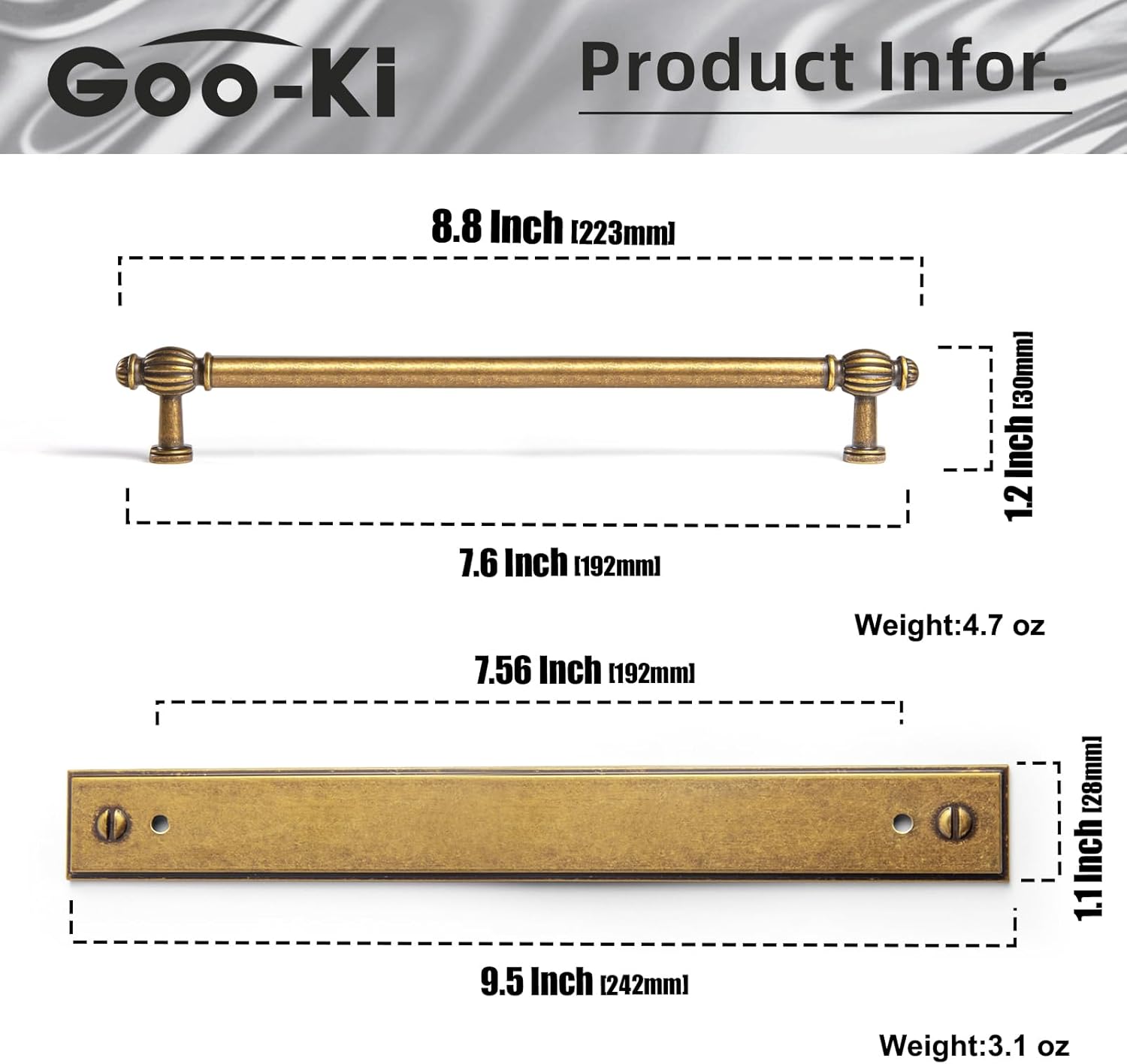 Goo-Ki 7.56" c-c Antique Brass Cabinet Pulls with Back/Base Plate Zinc Alloy Kitchen Hardware - 2 Pack Vintage Brass Bar Drawer Pulls Cabinet Handles with Spacer