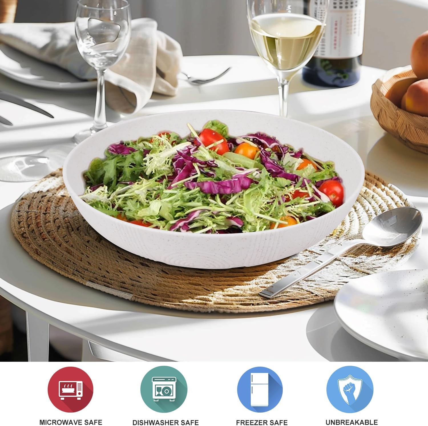 Wrova Wheat Straw Salad Bowls,65oz Unbreakable Wide and Shallow Dinner Bowls Set of 2,Microwave Safe Reusable Plastic Salad Bowls for Kids, Adults,Salad,Camping,RV.Black and White - Image 5