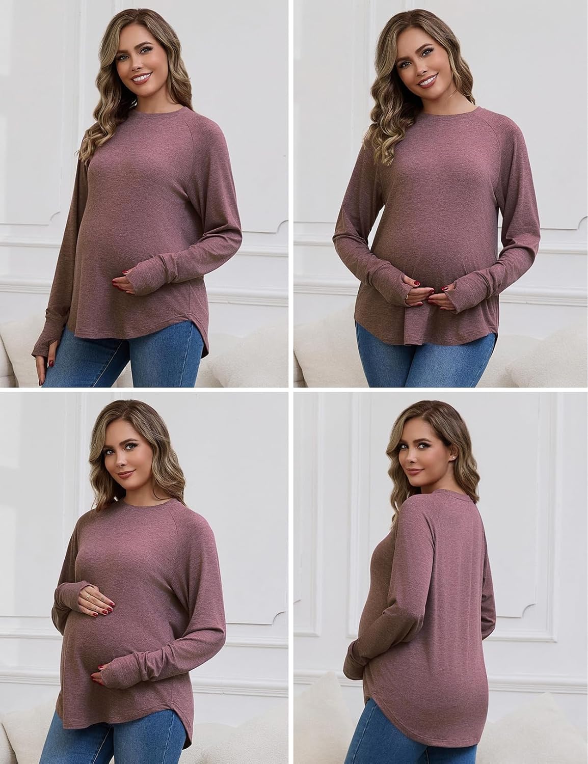 Bhome Maternity Shirts 3 Packs Long Sleeve Pregnancy Tops Loose Fit Casual Blouses with Thumb Holes
