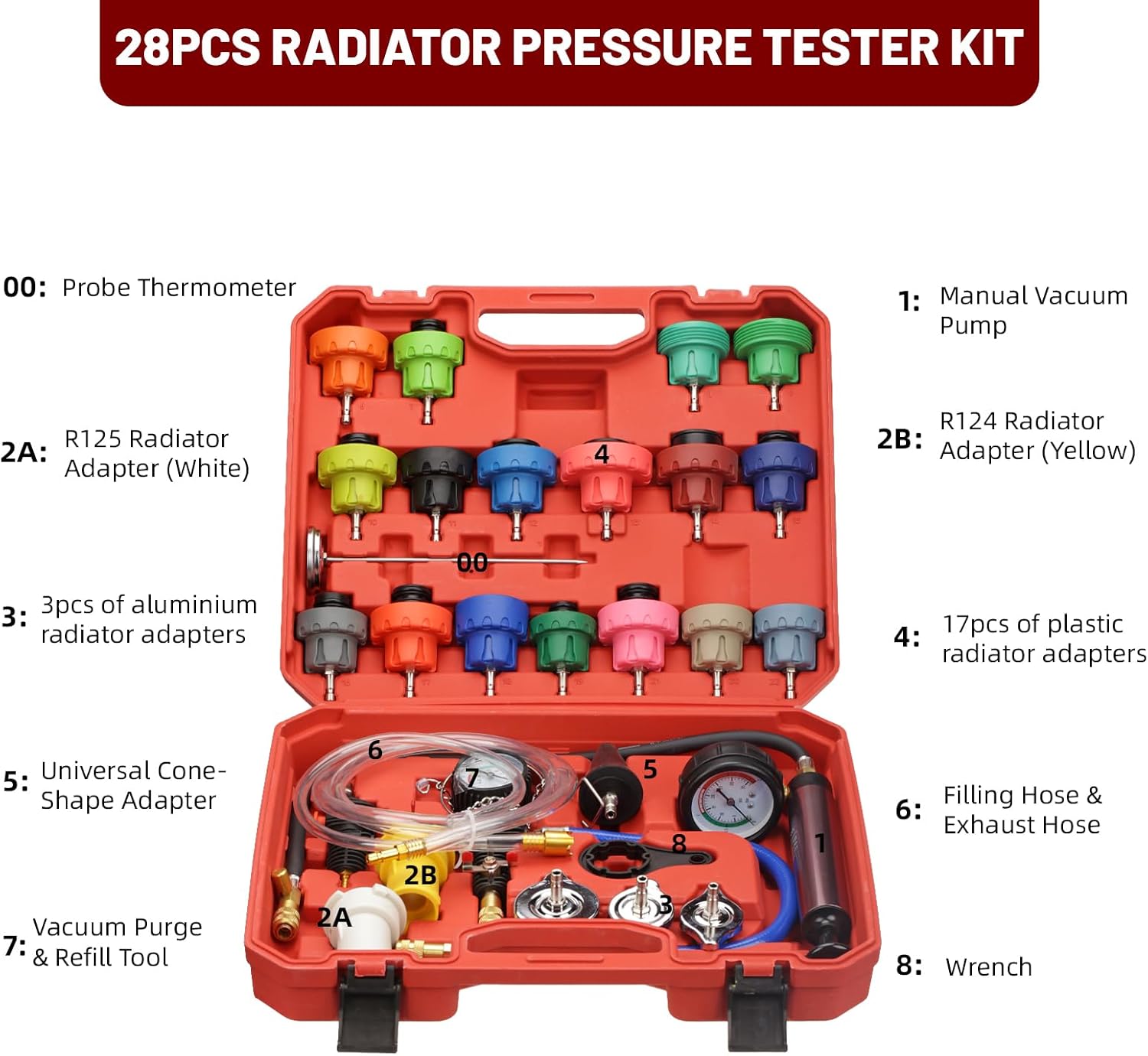 28pcs Coolant Vacuum Refill Kit with 23 Radiator Adapters, Radiator Cooling System Pressure Tester Kit, Coolant Pressure Tester Tool Kit for Easy Vacuum Purge & Refill