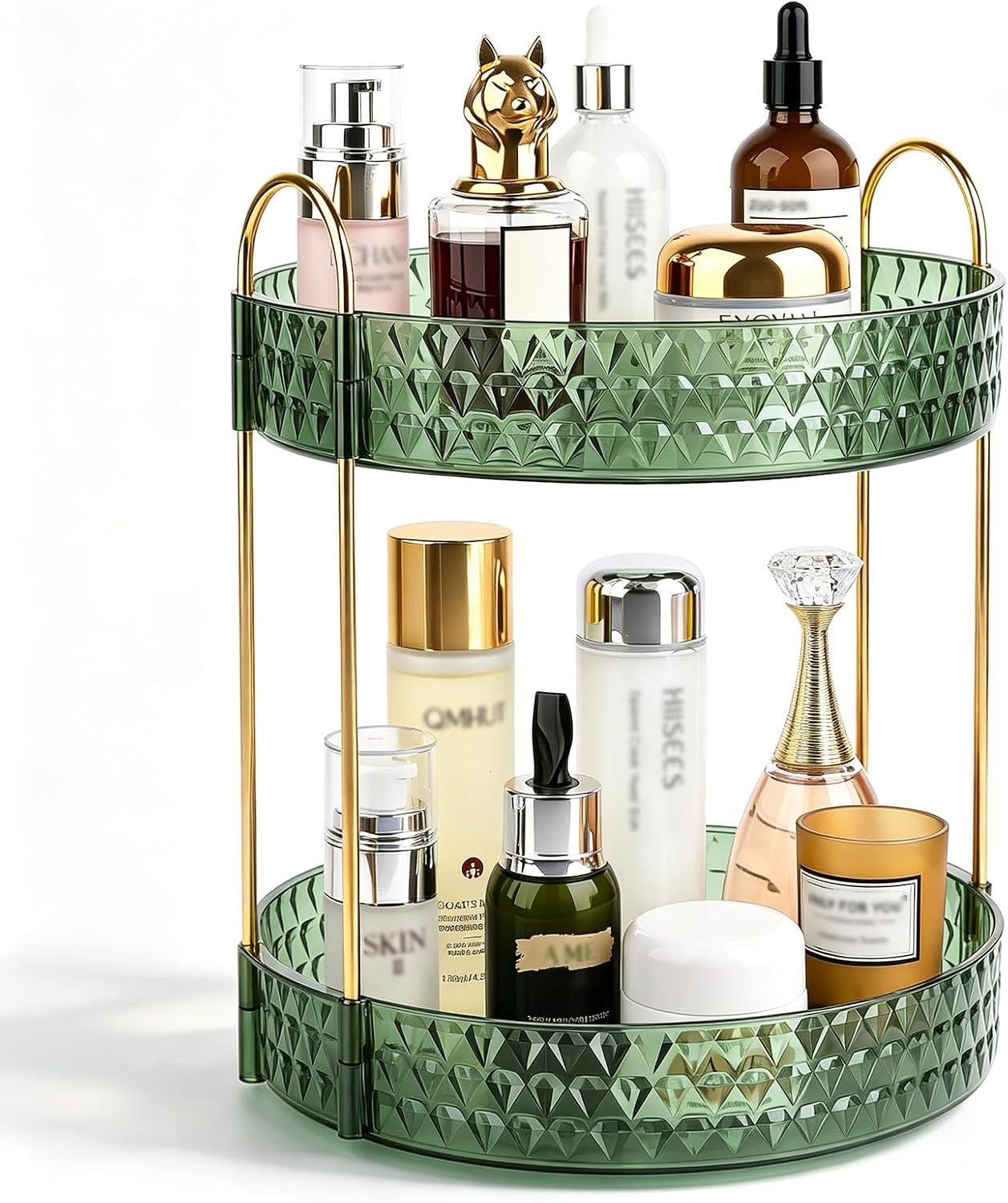 Large Capacity Rotating Makeup Organizer Perfume Stand Holder, 2 Tier Green