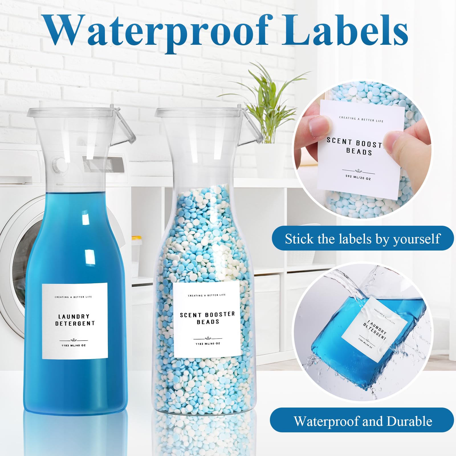 Botella dispensadora de detergente para ropa de 40 onzas con etiqueta impermeable para detergente de lavandería, jabón, suavizante de tela, cuentas potenciadoras de aroma, botella de PET