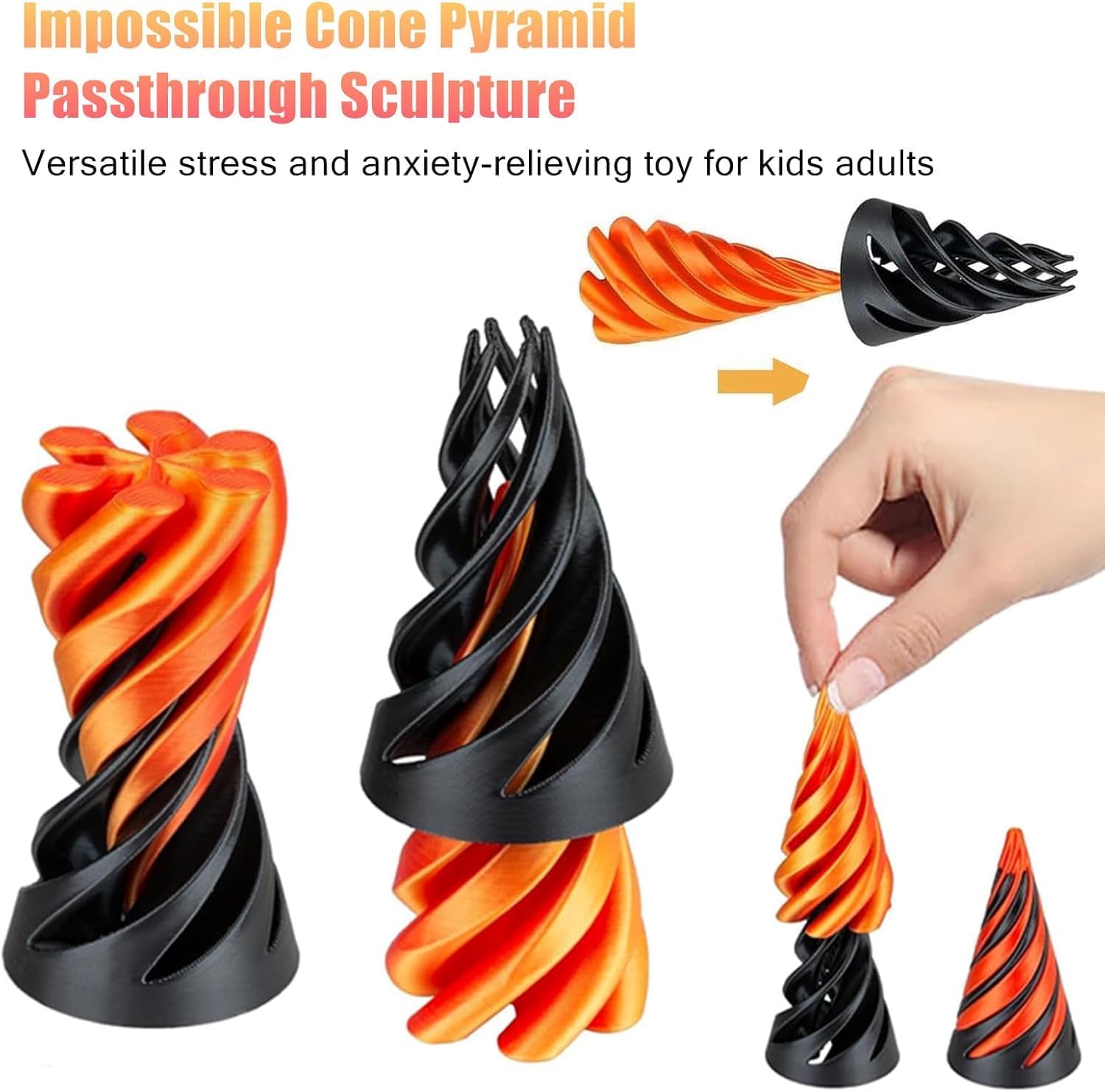 Veemok 3D Printed Spiral Cone Fidget Toy – Impossible Pyramid Passthrough Stress Relief Desk Toy for Anxiety, ADHD, Sensory Play & Desktop Decor (Multi-Color) 2