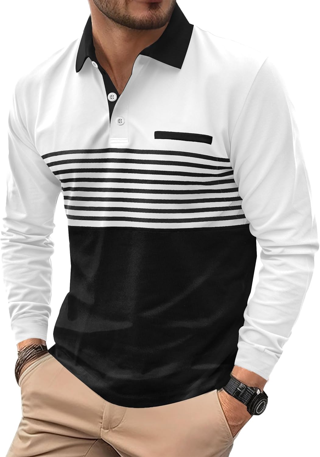 VOGSTART Mens Striped Golf Polo Shirts Color Block Long Sleeve Casual Shirt (S-XXL)