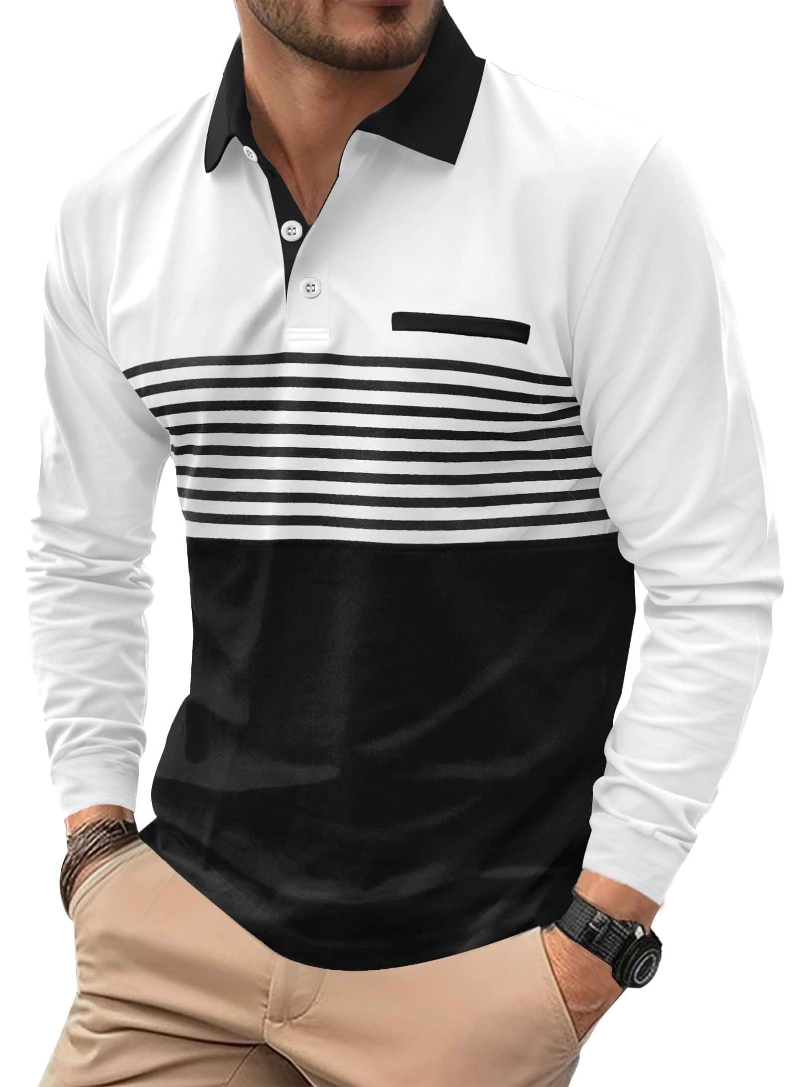 VOGSTART Mens Long Sleeve Collared Shirts Casual Striped Polo Golf, Fashion, Pattern, Printed, Designer, Business, Colorblock, Brand, Retro, Young, Fall