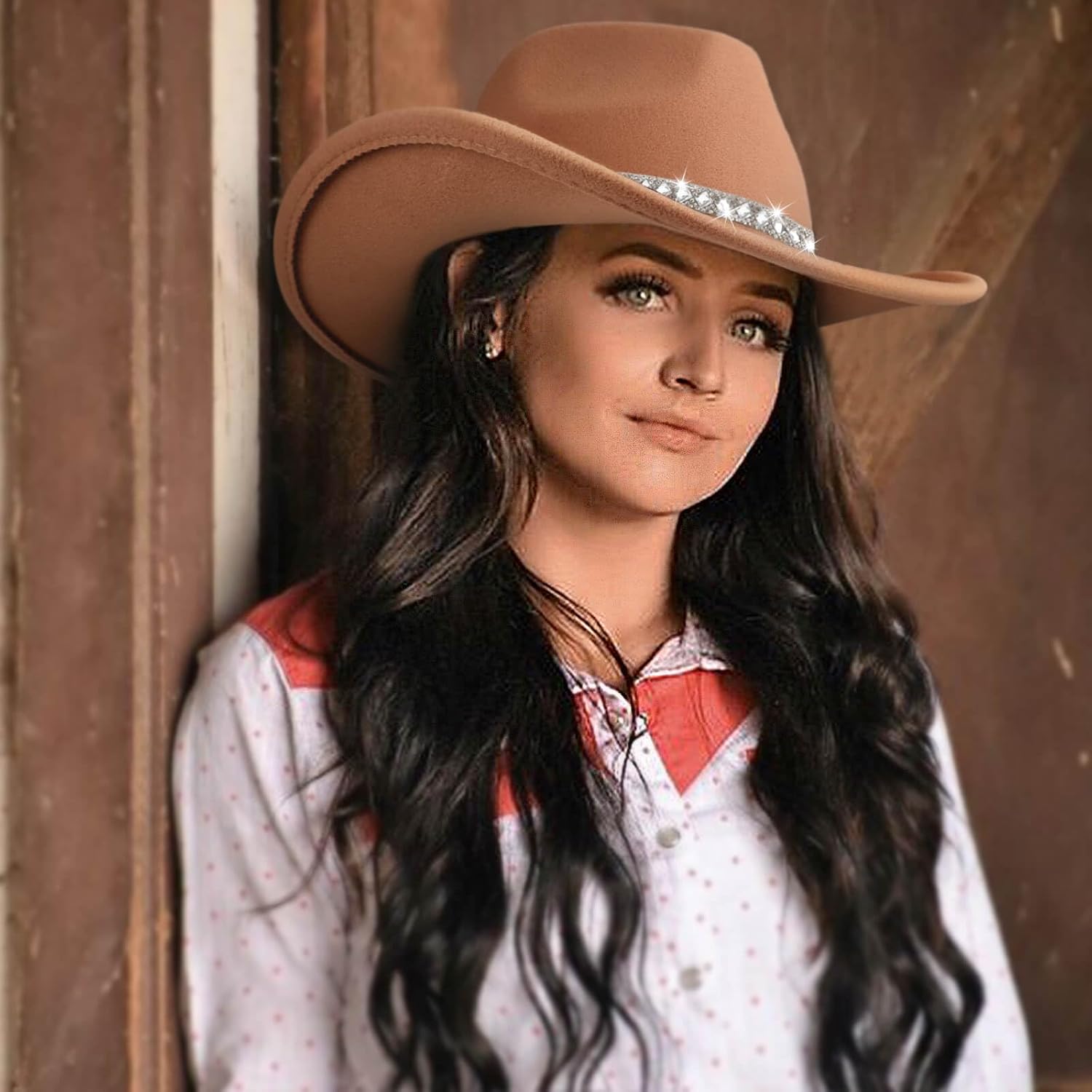 Western Cowboy Hats for Women Classic Felt Wide Brim Fedora Hat with Belt Buckle Retro Panama Hat Unisex Rolled up Cap - Image 5