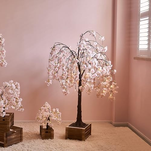 Miniatura 6 de Fudios Árbol de flor de cerezo rosa con luces de 4 pies, 180 luces LED, árbol de flores artificiales iluminado para decoración de boda de primavera