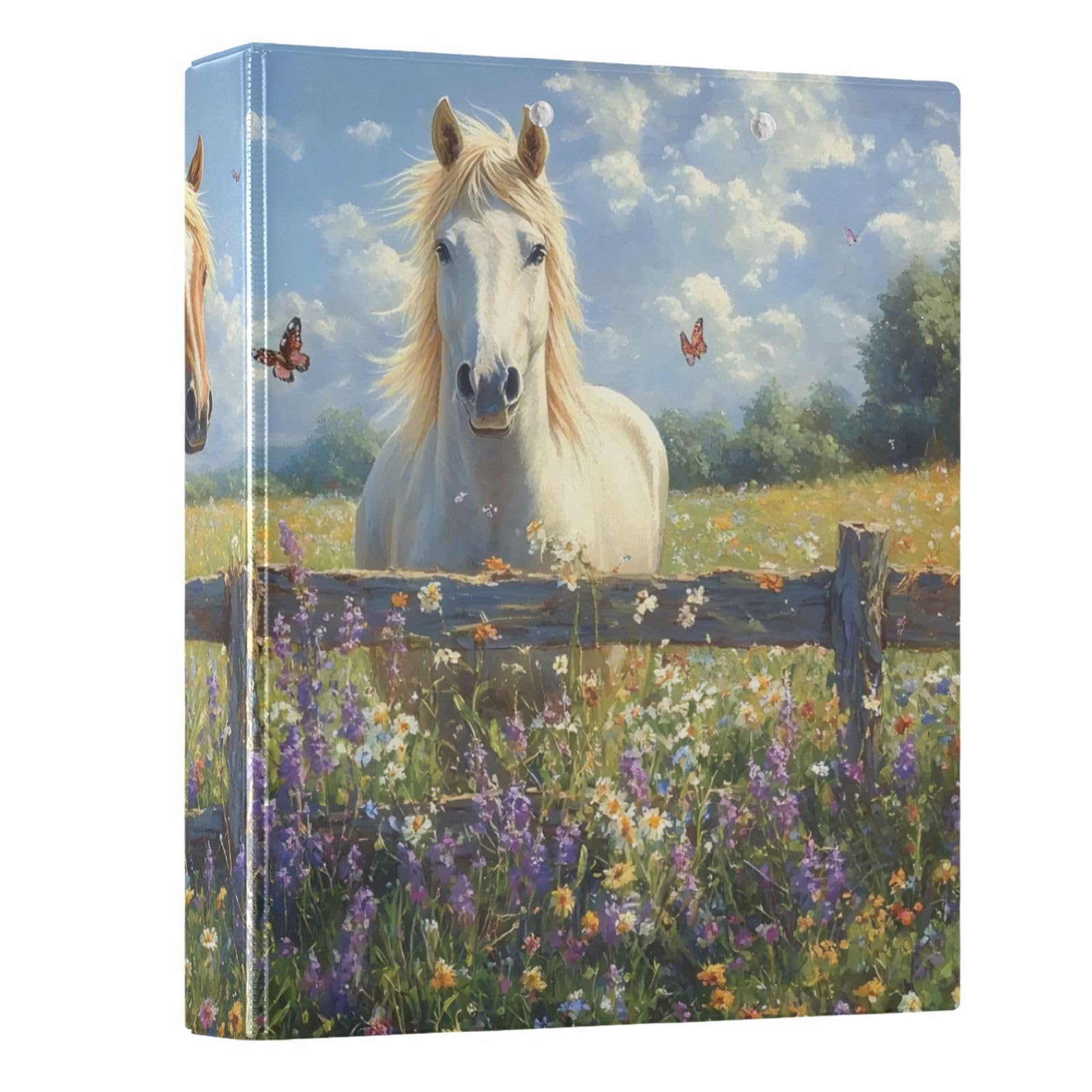 3 Ring Binder Horse Lavender White 1.5 inch Binders Three Ring Binders with Clipboard Fit 8.5'' x 11'' Paper 3 Interior PVC Clear Pockets for Office Supplies
