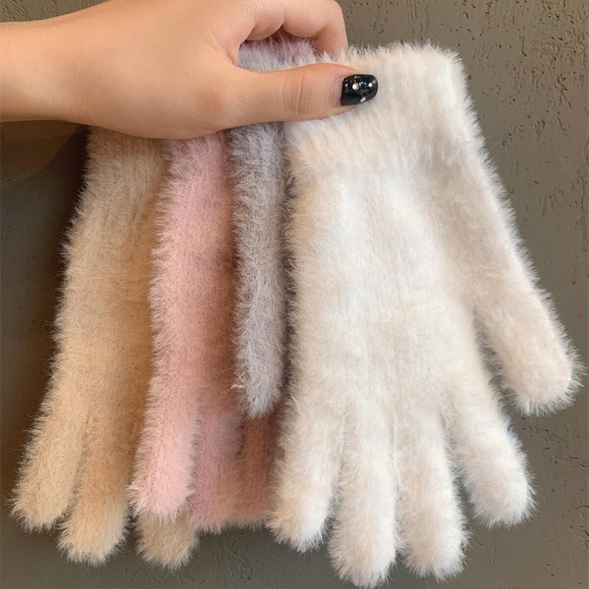 Winter Plush Gloves for Women, Cold Weather Elastic Soft Knit Mittens for Outdoors Cycling