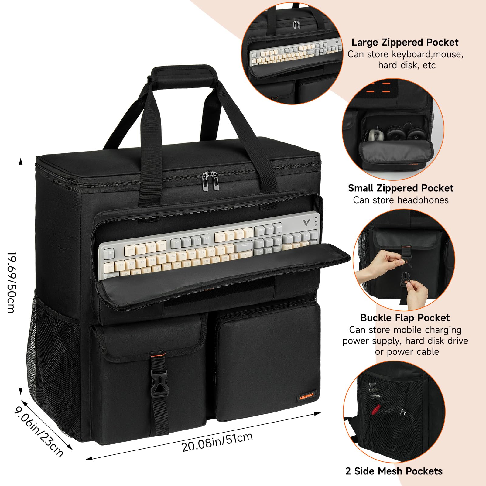 Mochila de viaje para PC para computadora de escritorio ATX Mid-Tower, funda de transporte portátil para PC con bolsillos para teclado, mouse, cables y accesorios, correas acolchadas ajustables 2