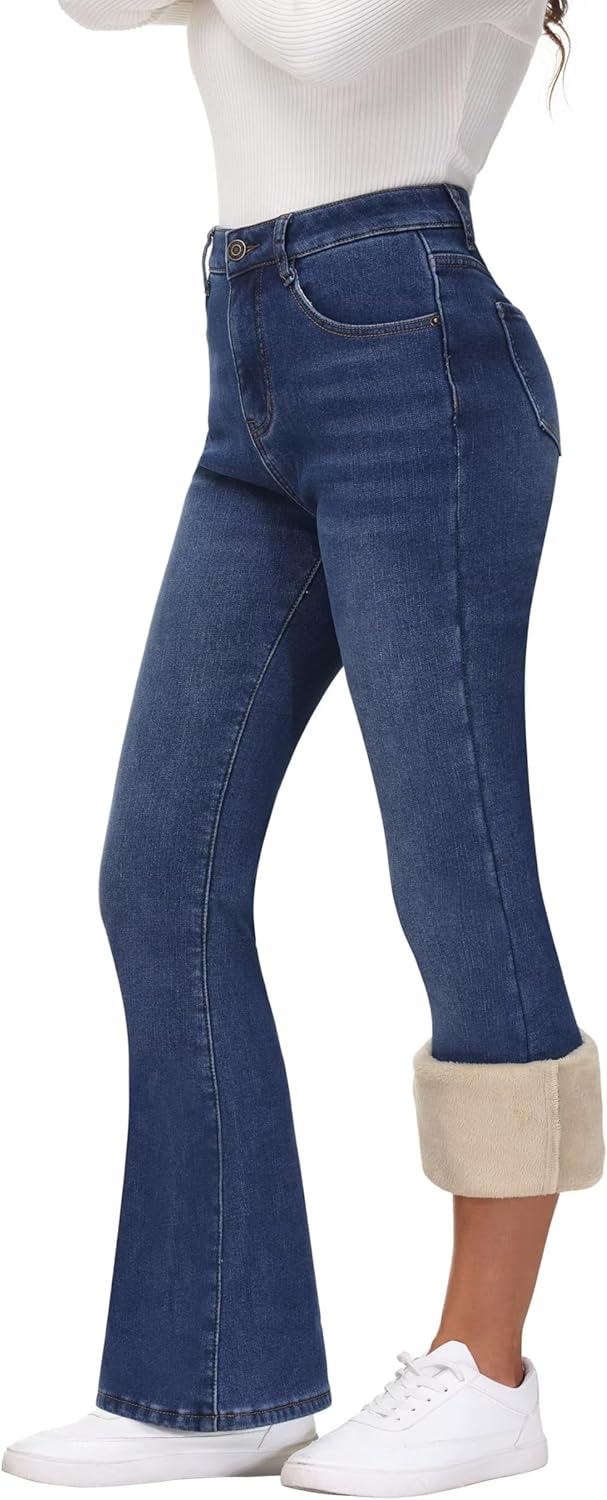 KDF Women's Flare High Waisted Bell Bottom Jeans - Thermal Fleece Lined Winter Warm Pants - Image 6