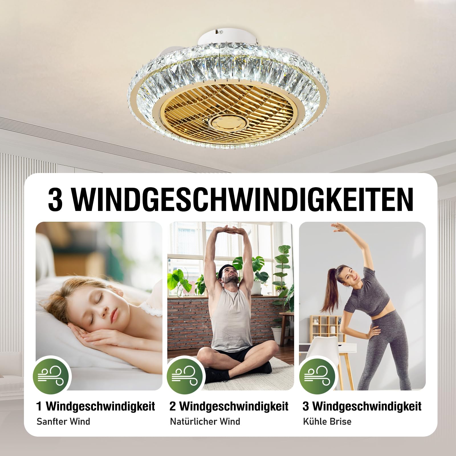 RRBEST Crystal Ventilatori Da Soffitto Con Lampada 72W LED Fan Plafoniera Invisibile 3 Velocità Con Telecomando＆APP Dimmerabile, Con ruota di guida dell'aria, circolazione dell'aria a 360°
