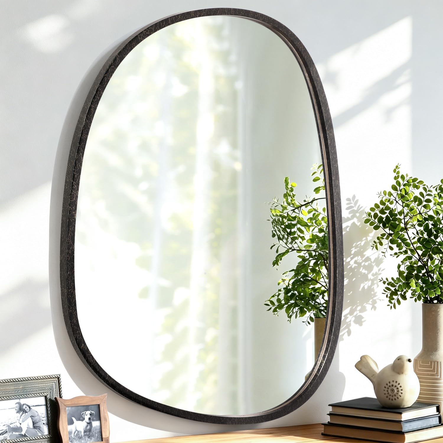 Lzuso Asymmetrical Hanging Wood Mirrors Irregular Oval Frame for Wall Modern Unique Decorative for Bathroom Vanity Living Room Bedroom Entryway Artistic Wall Mirror
