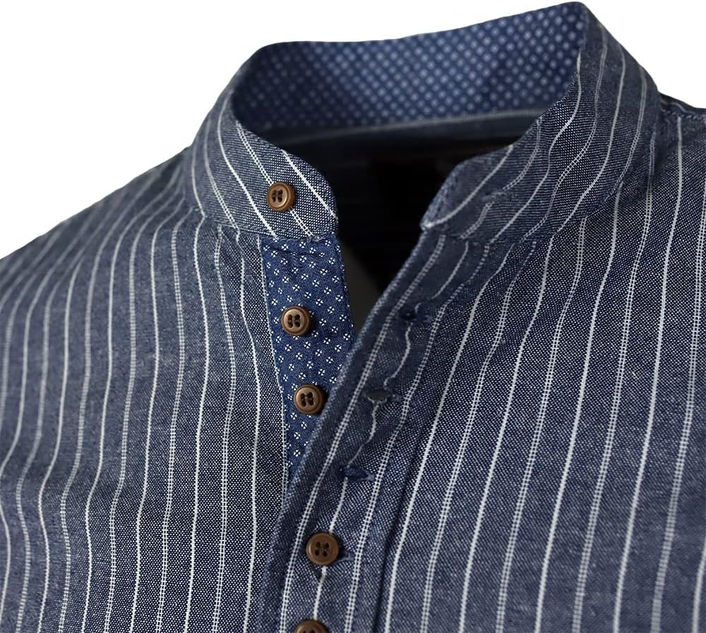 The Celtic Ranch Collarless Shirt for Men, Irish Grandfather Cotton Linen Long Sleeve Button Down Banded Collar Dress Shirt