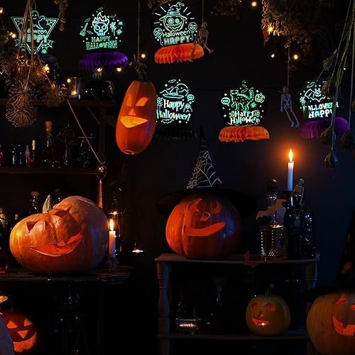 Miniatura 5 de LIHAO Centros de mesa luminosos de panal de abeja de Halloween, 12 piezas para fiestas, decoraciones de Halloween, fantasma, calabaza, calavera,