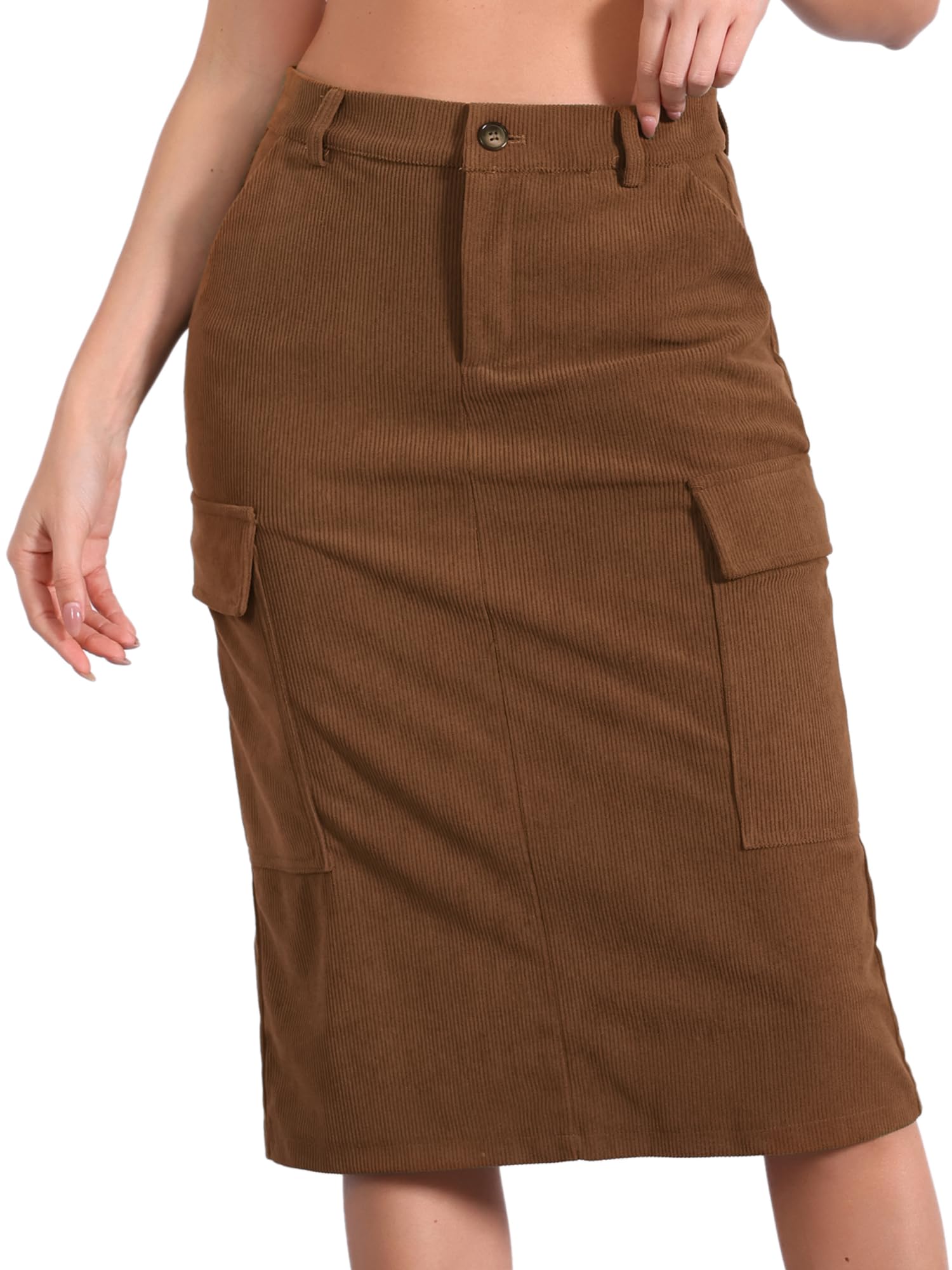 Cargo Skirts for Women's High Waisted Elastic Back Corduroy Midi Skirts with Pockets