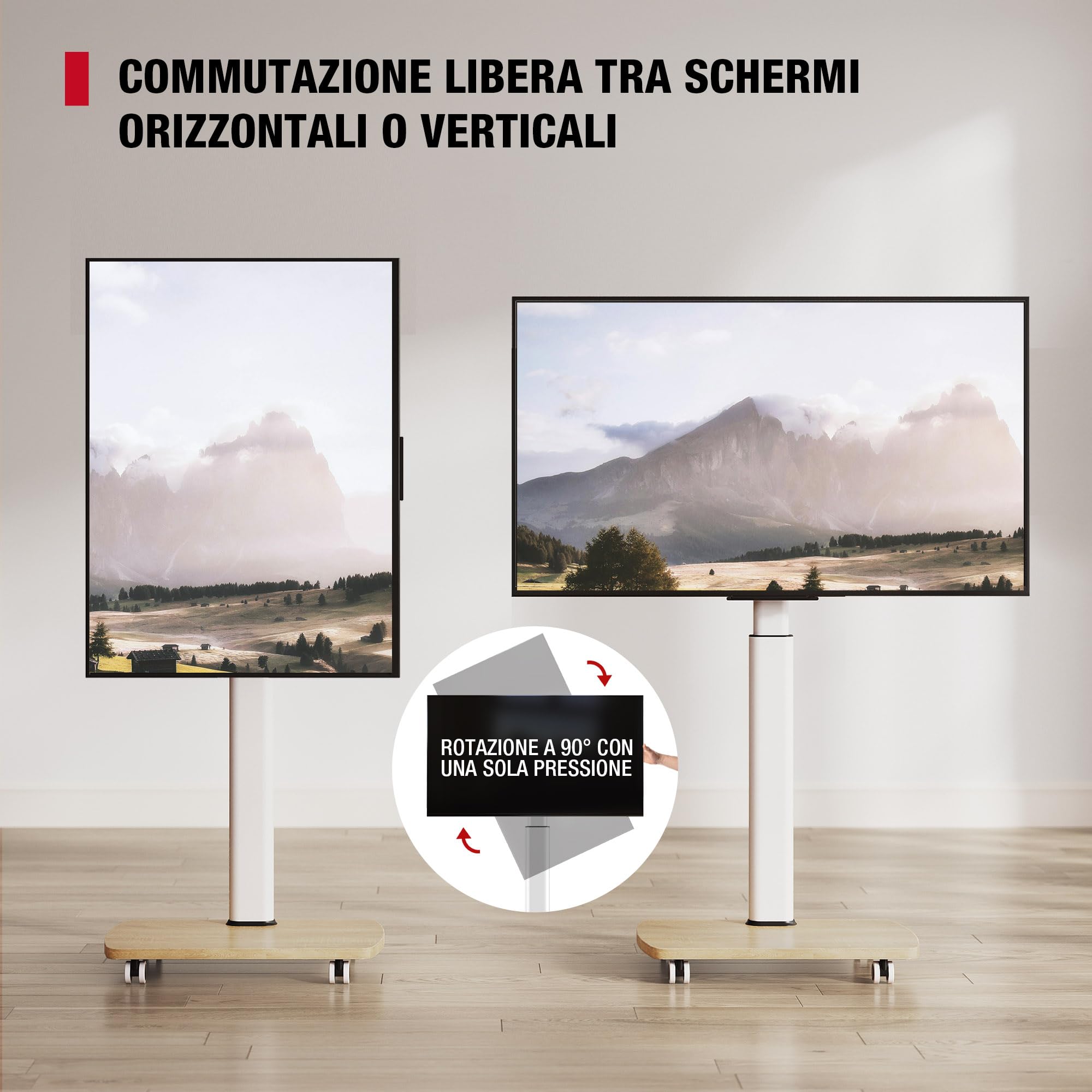 AOKCOS Carrello Porta TV con Ruote per 32-65 Pollici, Orizzontale e Verticale Supporto TV da Pavimento con Base in Legno, Inclinabile e Regolabile in Altezza, Max VESA 400x400mm 30kg