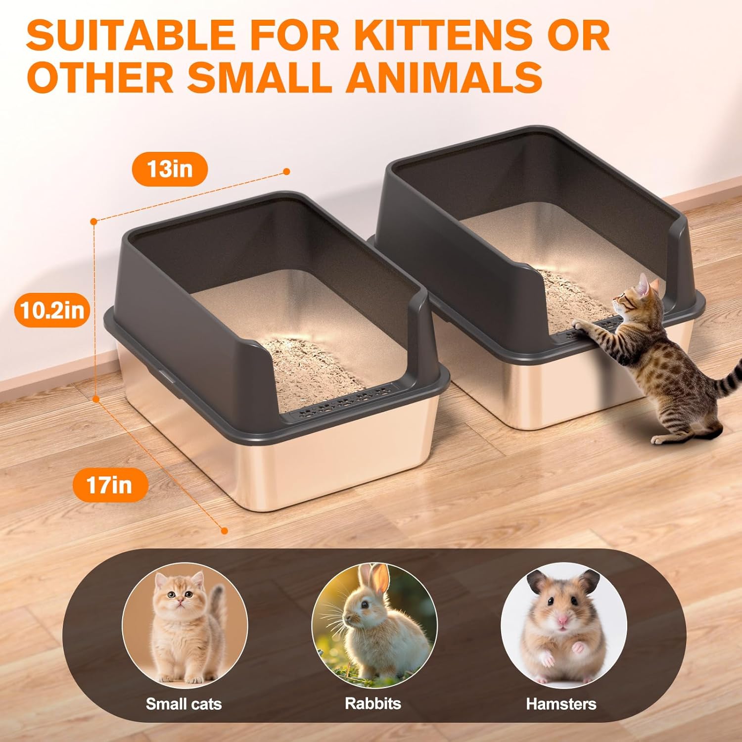 2PACK Stainless Steel Cat Litter Box, 17" L x 13" W x10 H Metal Kitty Litter Box with Lid, Suitable for Small and Medium-Sized Cats Never Absorbs Odors, Leak-Proof, Non-Sticky, Easy to Clean