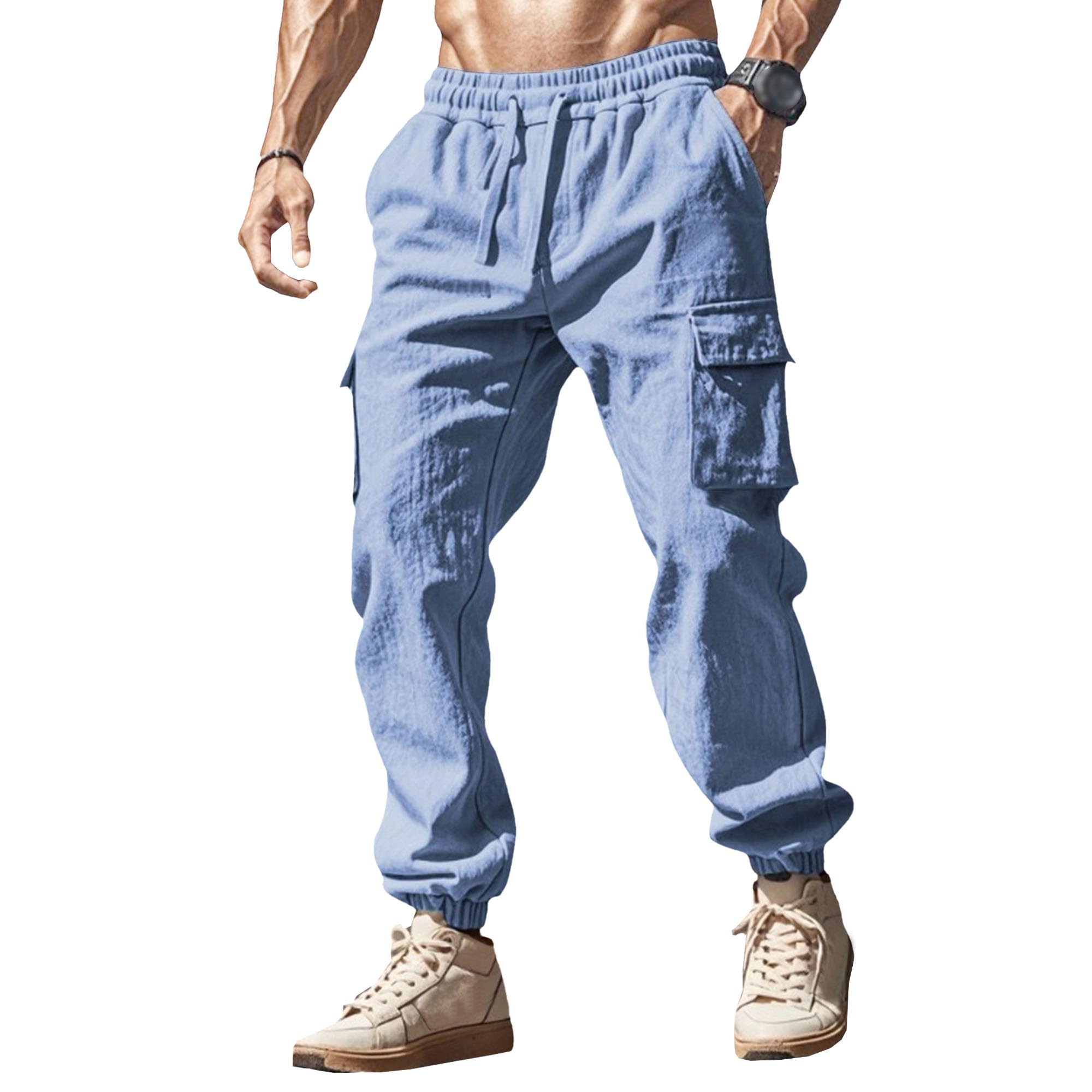 Men's Relaxed Fit Cargo Sweatpants Multi-Pockets Elastic Waist Slack Athletic Workout Hiking Pants (Blue,Medium)