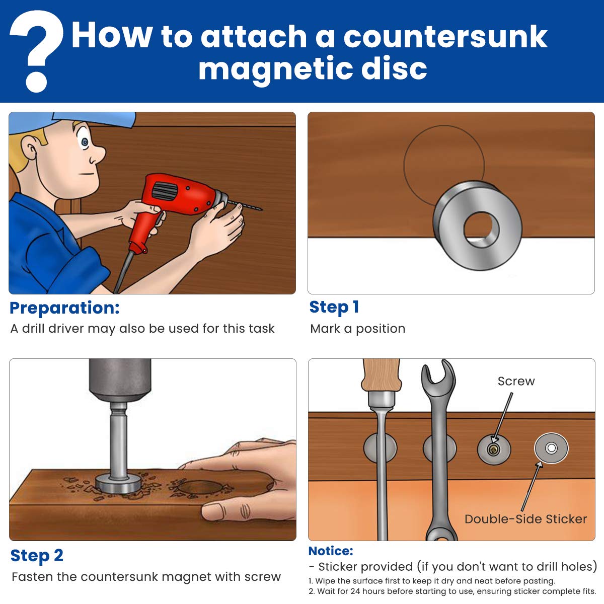 Hottest Sales DRILLPRO Neodymium Disc Magnets 10 Pack, 26lbs Pull Force Strong Magnet with Heavy Duty Countersunk Hole and 12 PCs Adhesive Tapes & 12 Screws for Fridge Artwork Science, 1.26'' x 0.2''