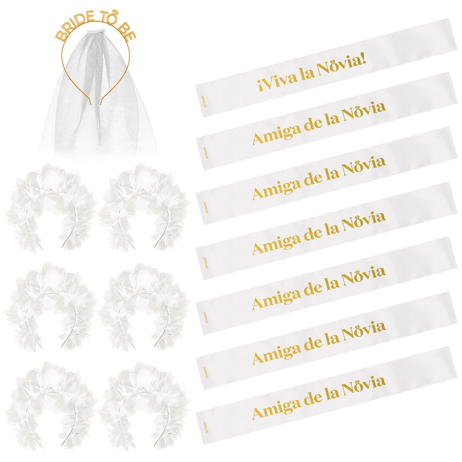 OH YEAH - Kit Despedida de Soltera Novia y Amigas - Bandas y Diademas - Accesorios Despedida Soltera - Team Bride - Diadema Bride To Be con Velo - Diademas Flores Blancas (Blanco, Novia + 6 amigas)