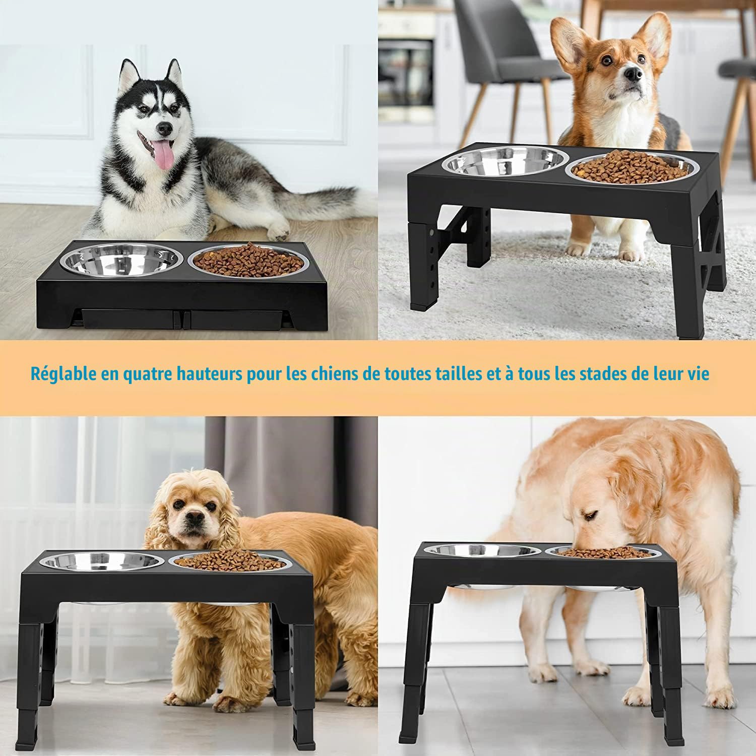 Romicta Gamelle surélevée pour Chiens de Grande Taille avec 2 gamelles en Acier Inoxydable de 1200 ML et 1 Gamelle Anti-Glouton - pour Chiens de Taille Moyenne et Grande - 5 hauteurs réglables