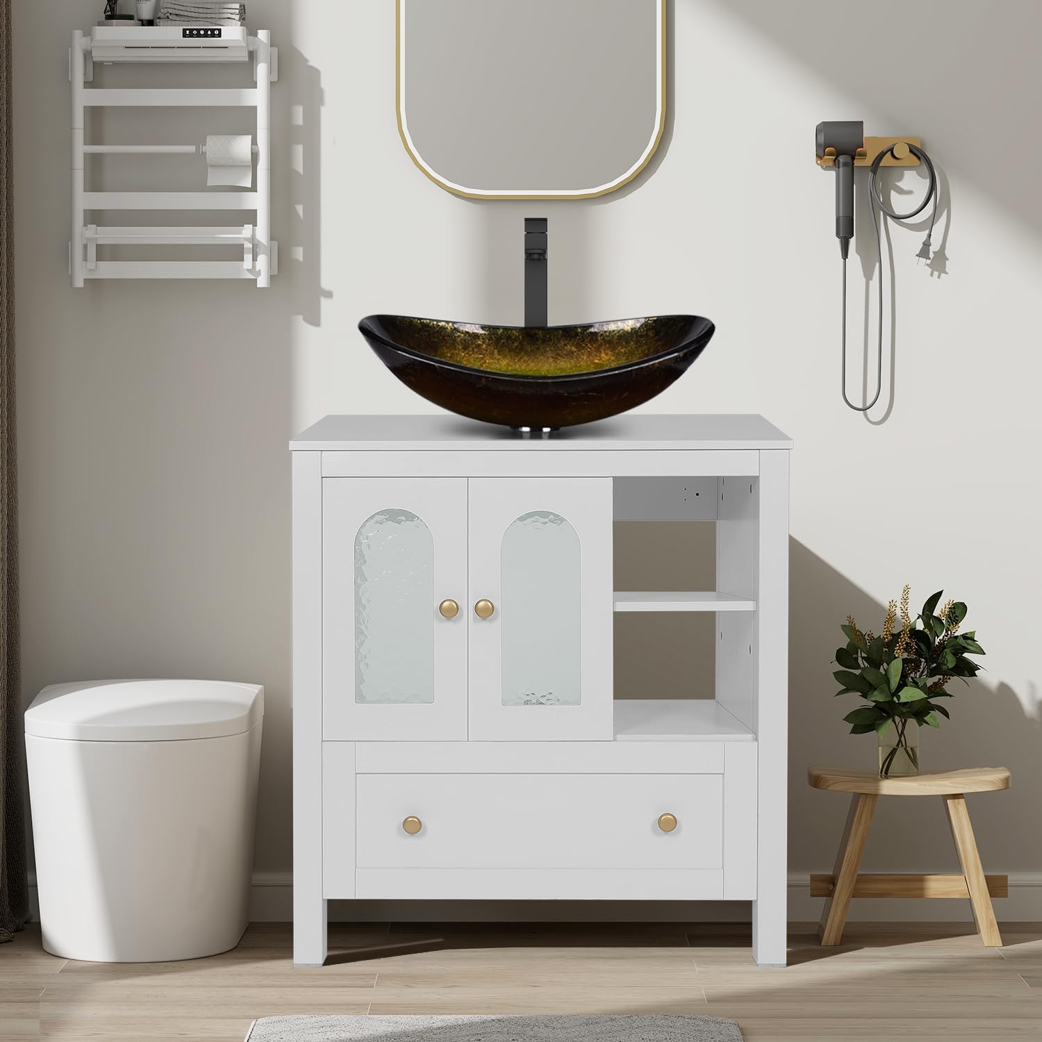 30" Bathroom Vanity with Sink, Freestanding Bathroom Storage Cabinet with Sink Combo, Modern Vanity Cabinet with 2 Water Ripple Doors and 1 Drawer, Soft-Close Design, Silver Glass Boat Sink Top, White