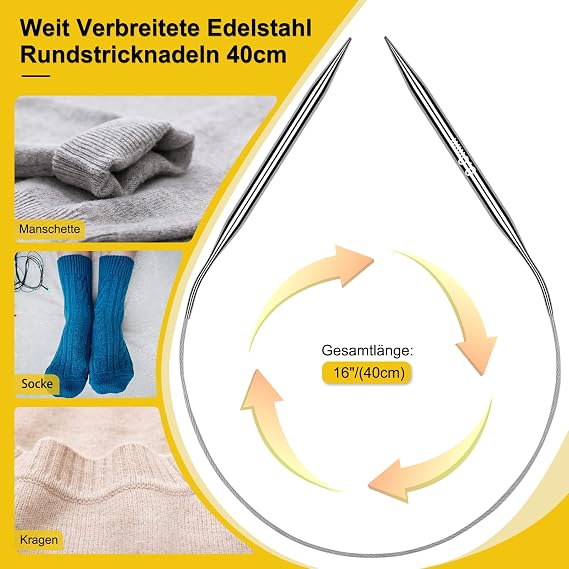 Coopay Rundstricknadeln 40 cm Edelstahl Stricknadeln Rundstricknadel Set 9 Stück Rundstricknadel Set mit Lasergröße 25-10 mm Metall Rundstricknadeln für Socken Kinder Pullover Kragen und Ärmel
