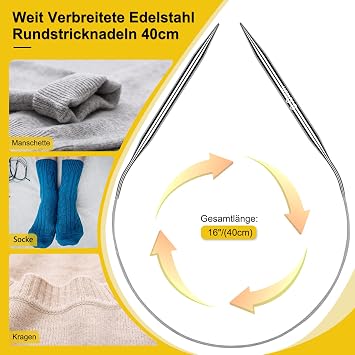 Coopay Rundstricknadeln 40 cm Edelstahl Stricknadeln Rundstricknadel Set 9 Stück Rundstricknadel Set mit Lasergröße 25-10 mm Metall Rundstricknadeln für Socken Kinder Pullover Kragen und Ärmel