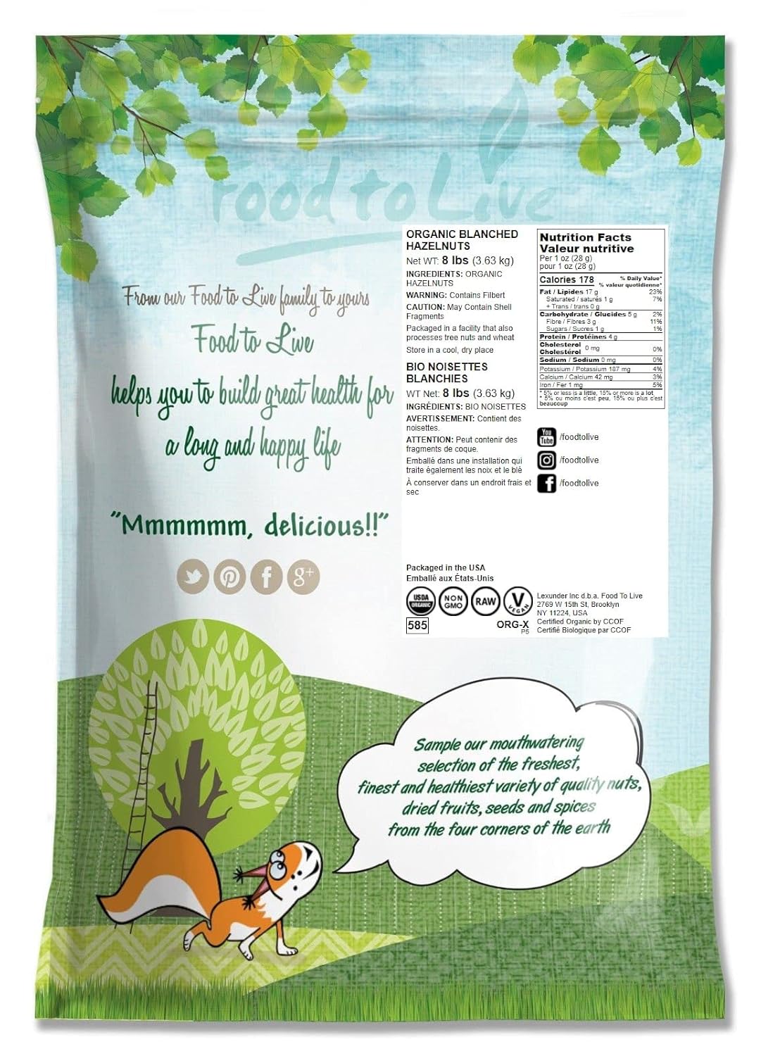Food to Live - Organic Raw Blanched Hazelnuts, 8 Pounds - Non-GMO Filberts, No Skin, Unsalted, Unroasted, Vegan, Bulk Nuts. Good Source of Protein