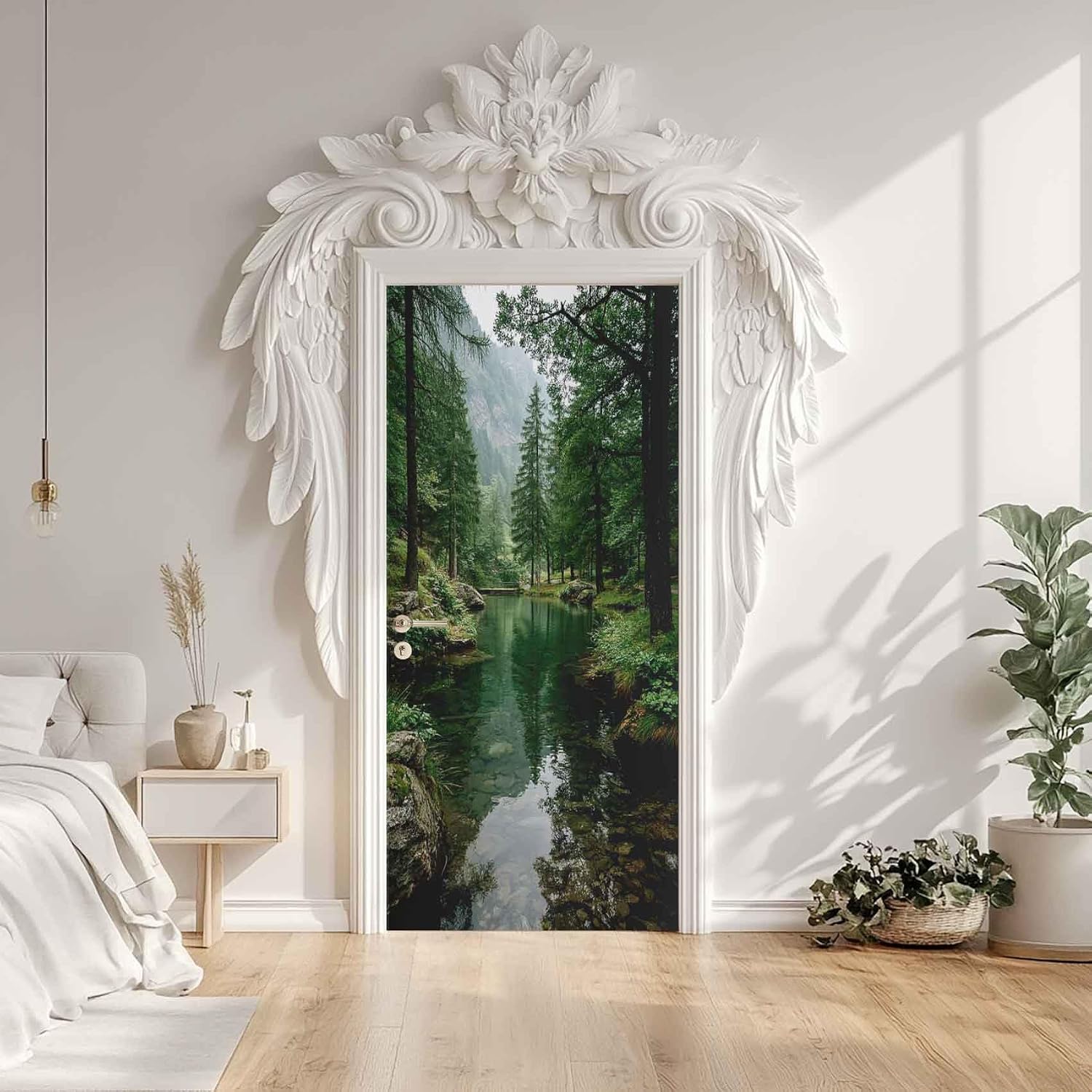 Pine Tree Door Mural, Reflection Lake Door Sticker, 3D Natural Landscape Wallpaper Peel and Stick Removable Decor, Decals Self-Adhesive PVC for Home Office 32" W x 80" L