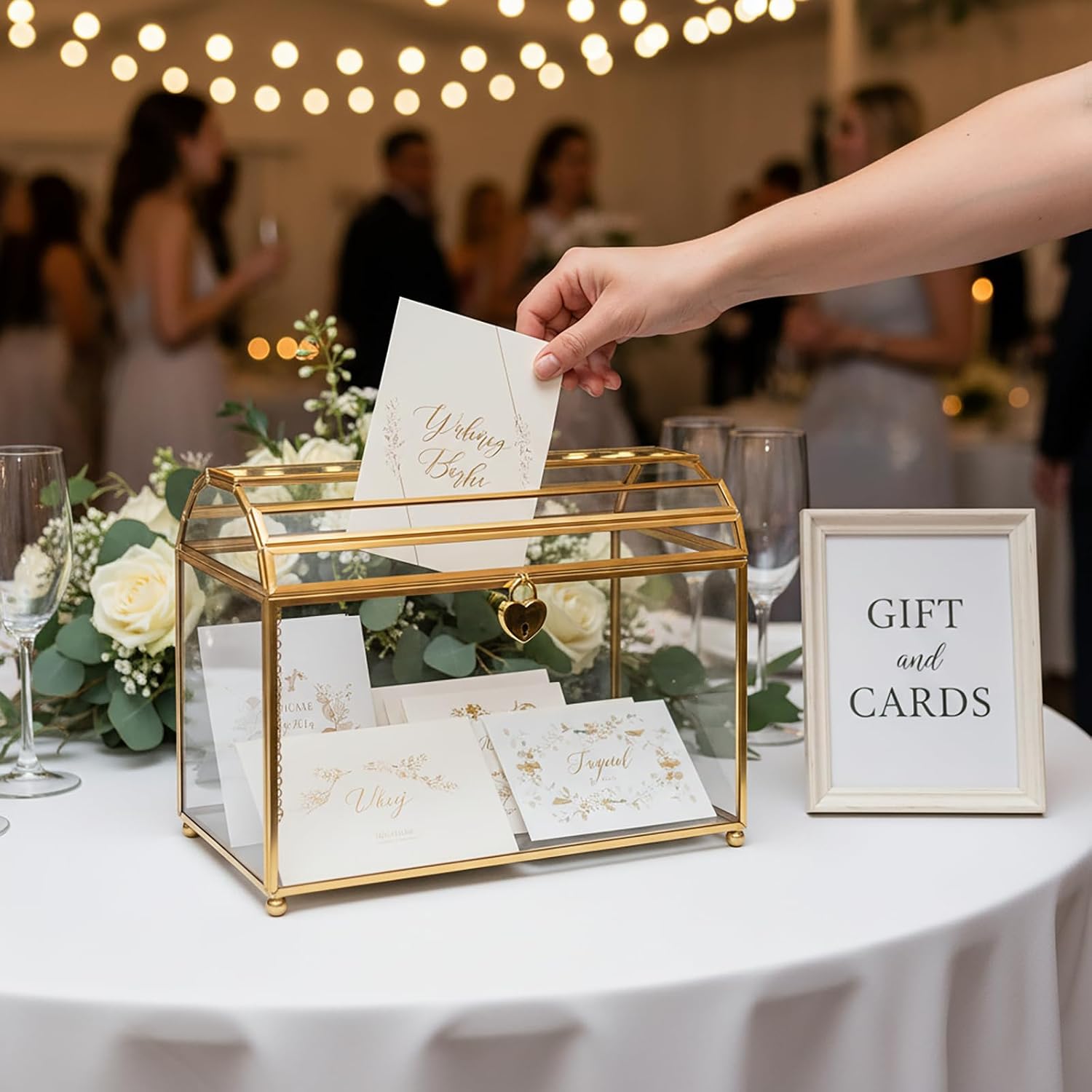 Cedilis Glass Wedding Card Box with Slot and Lock, 10 x 7.9 x 5.5 Inches Gold Clear Decorative Wedding Envelope Card Holder for Reception Birthdays Party, Bridal Shower, Graduation