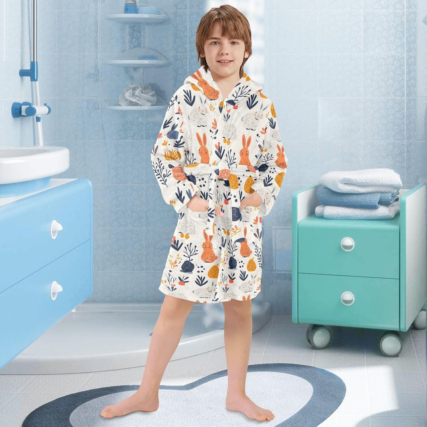 senya Rabbit Cute Colored Toddler Hooded Bathrobe Kids Soft Plush Bath Towel Robes for Boys Girls 2-12 Years
