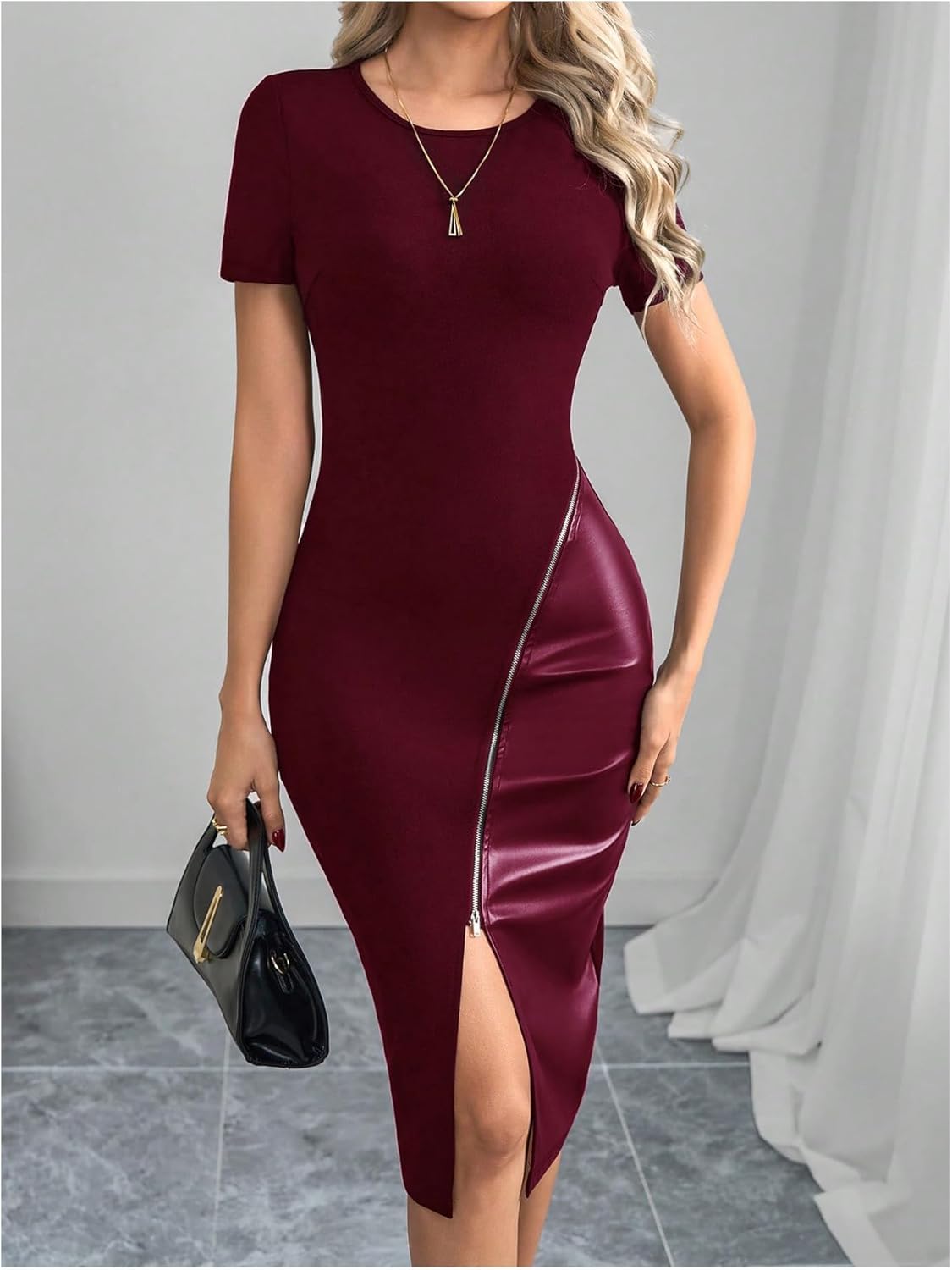 SOLY HUX Women's Summer Short Sleeve Midi Dress PU Leather Zipper Split Bodycon Dresses - Image 4